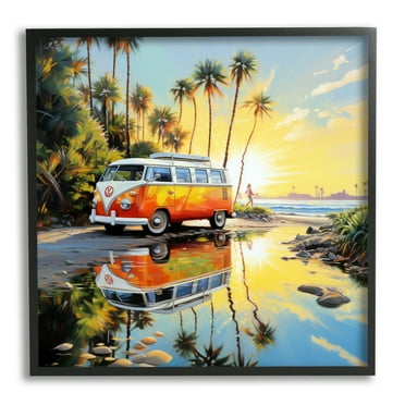 Stupell Industries Tropical Summer Van Transportation Painting Black Framed Art Print Wall Art, 12 x 12