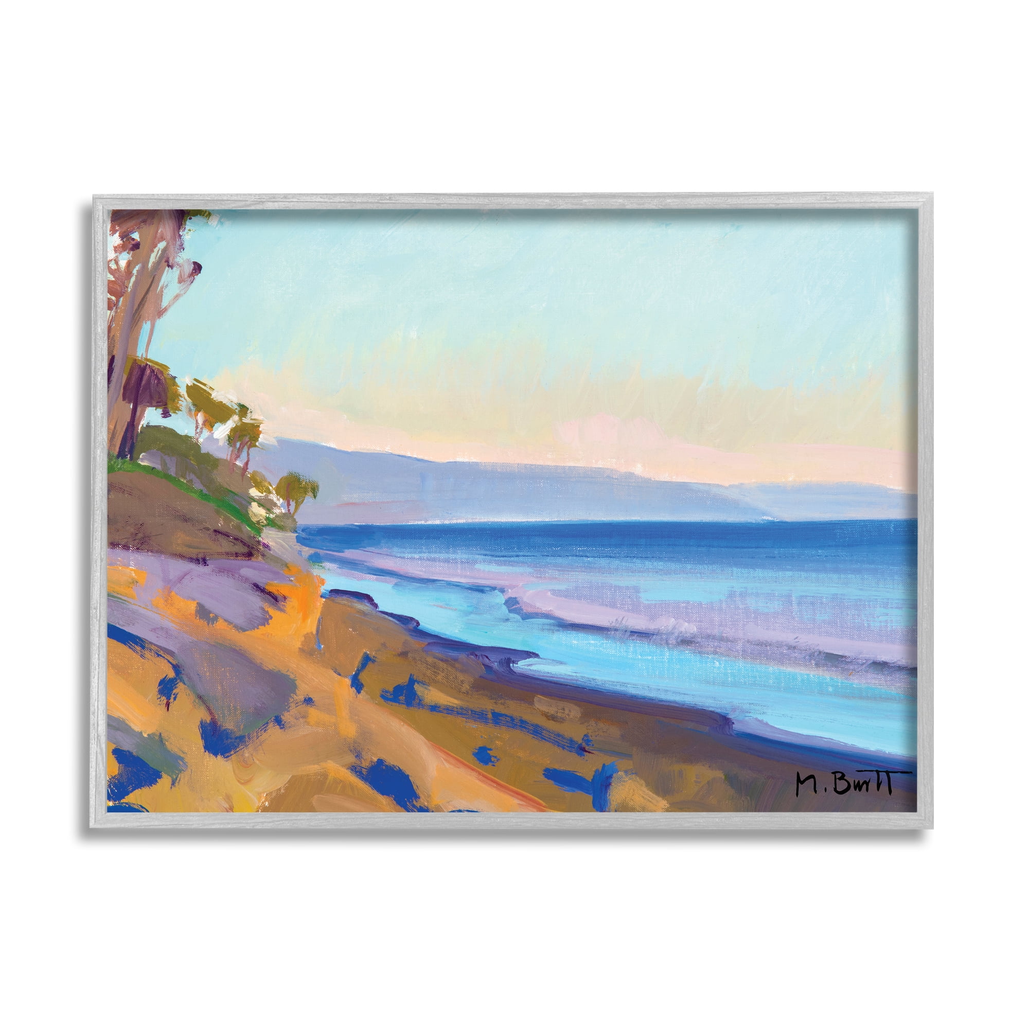 Stupell Industries Tropical Sunrise Beach Scene Purple Blue Waters Modern Painting Gray Framed Art Print Wall Art, 16 x 20, Design by Marcia Burtt