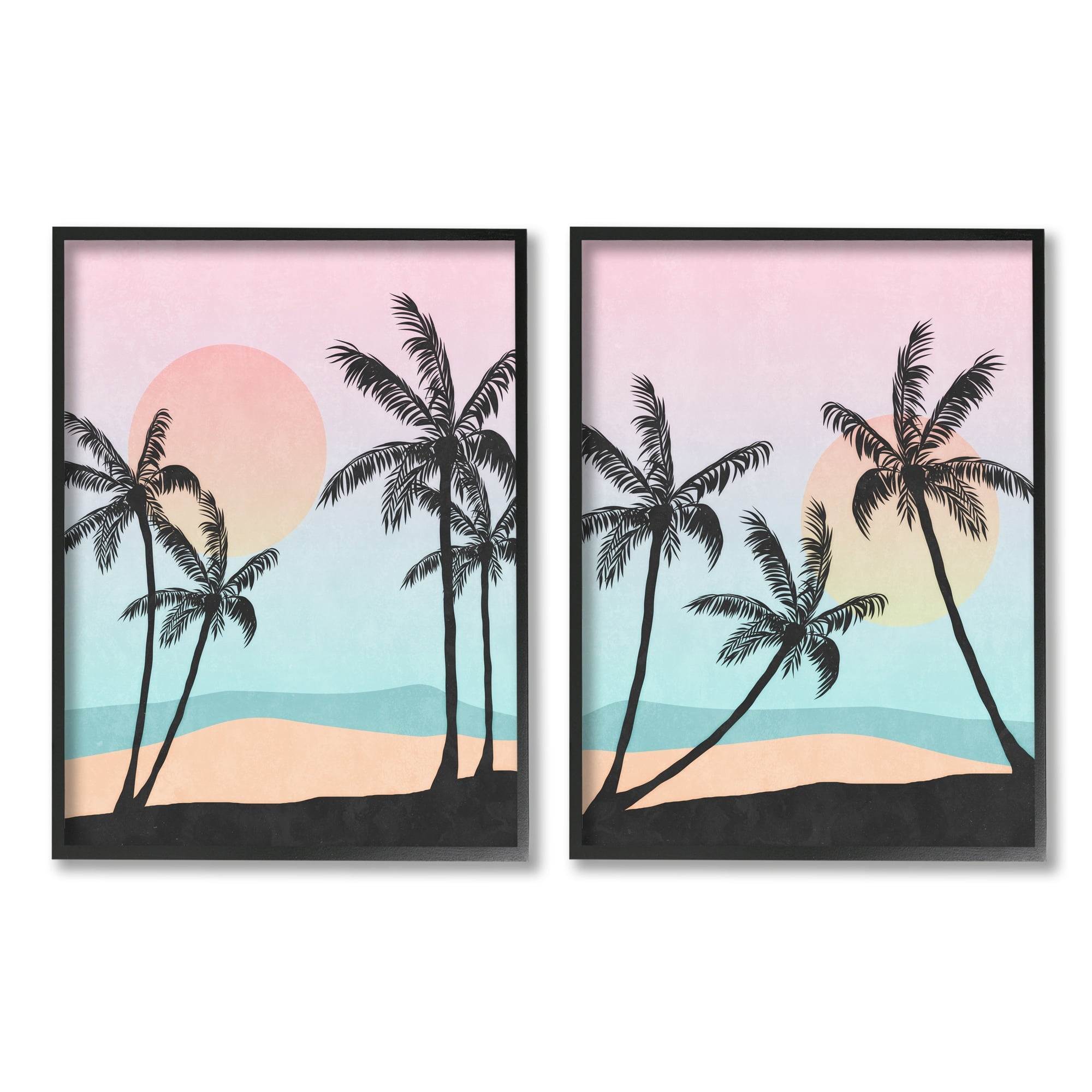 Tropical Sunset Palm Tree Beach Canvas Print in Black Frame