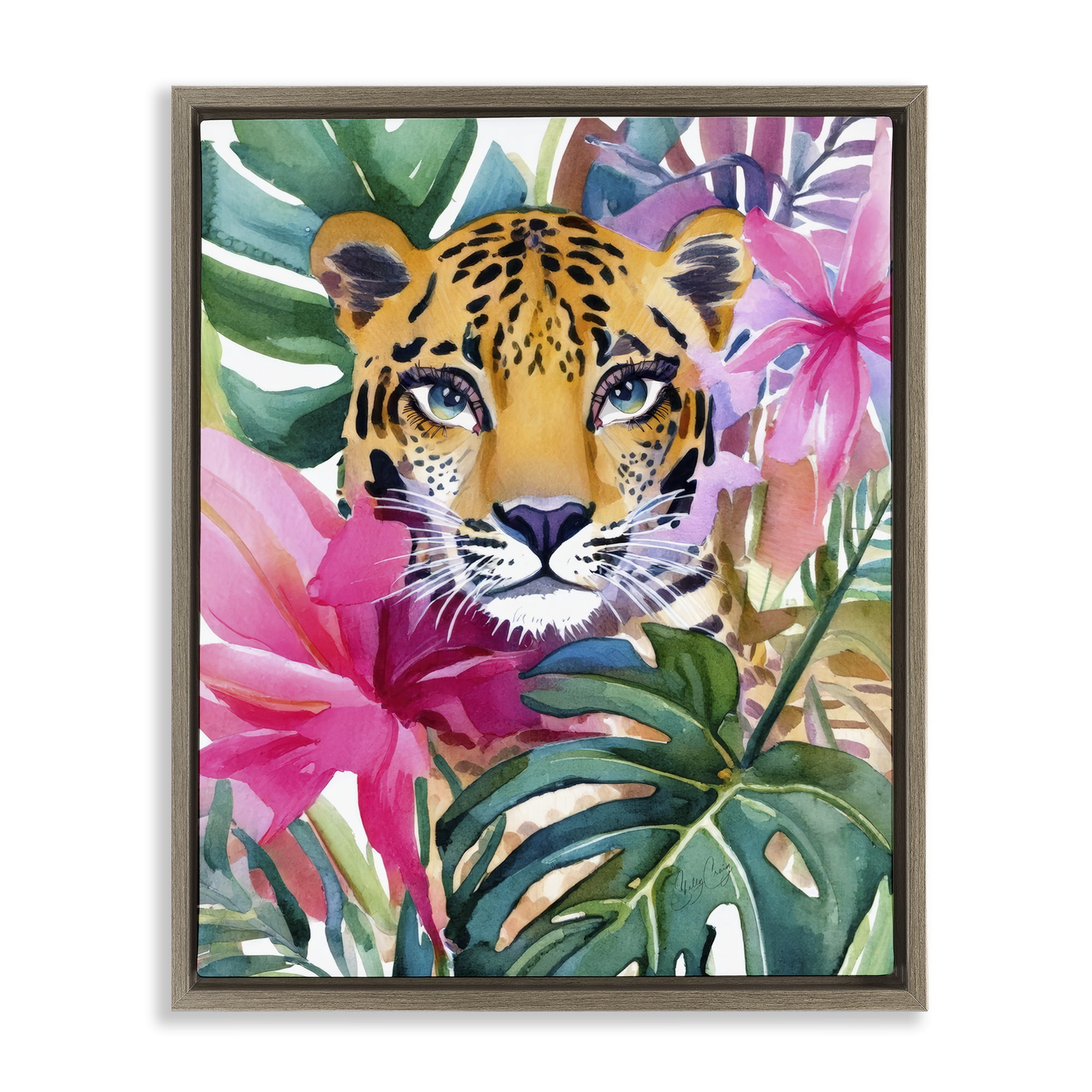 Stupell Industries Tropical Tiger Peeking Brown Framed Floater Canvas Wall Art, design by Shelly Craig