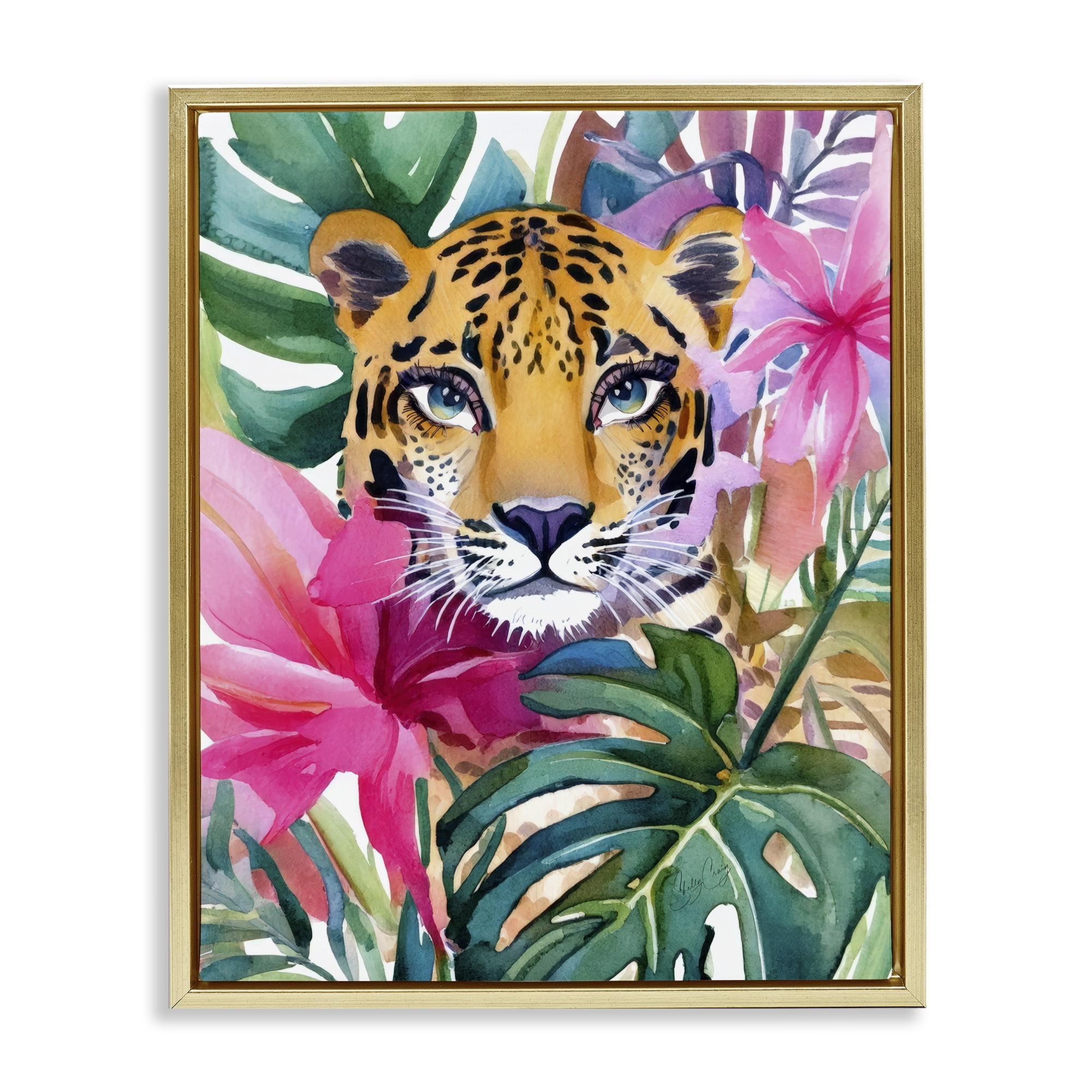 Stupell Industries Tropical Tiger Peeking Gold Framed Floater Canvas Wall Art, design by Shelly Craig