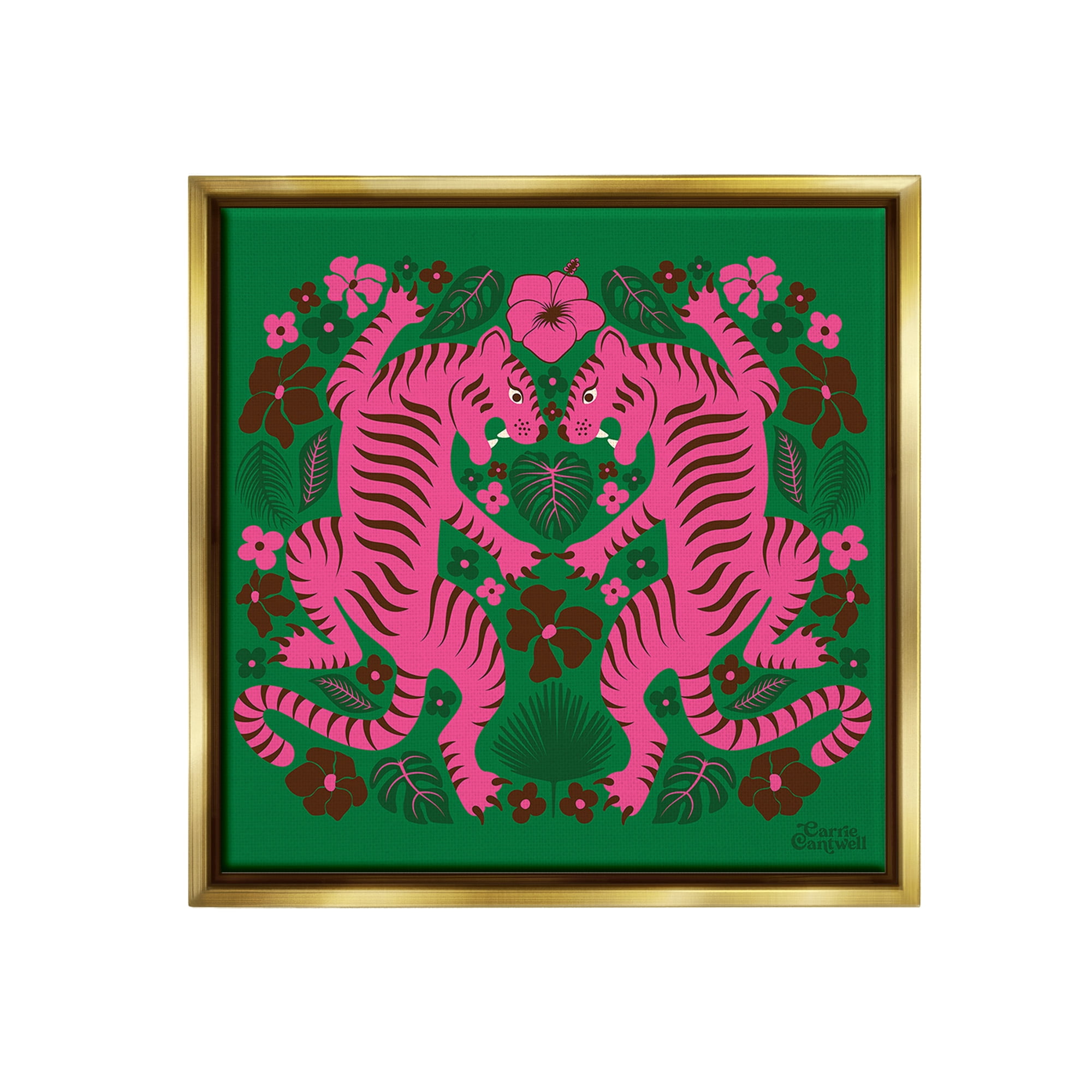 Stupell Industries Tropical Tigers Pattern Animals & Insects Painting Gold Floater Framed Canvas Art Print Wall Art, 18 x 18