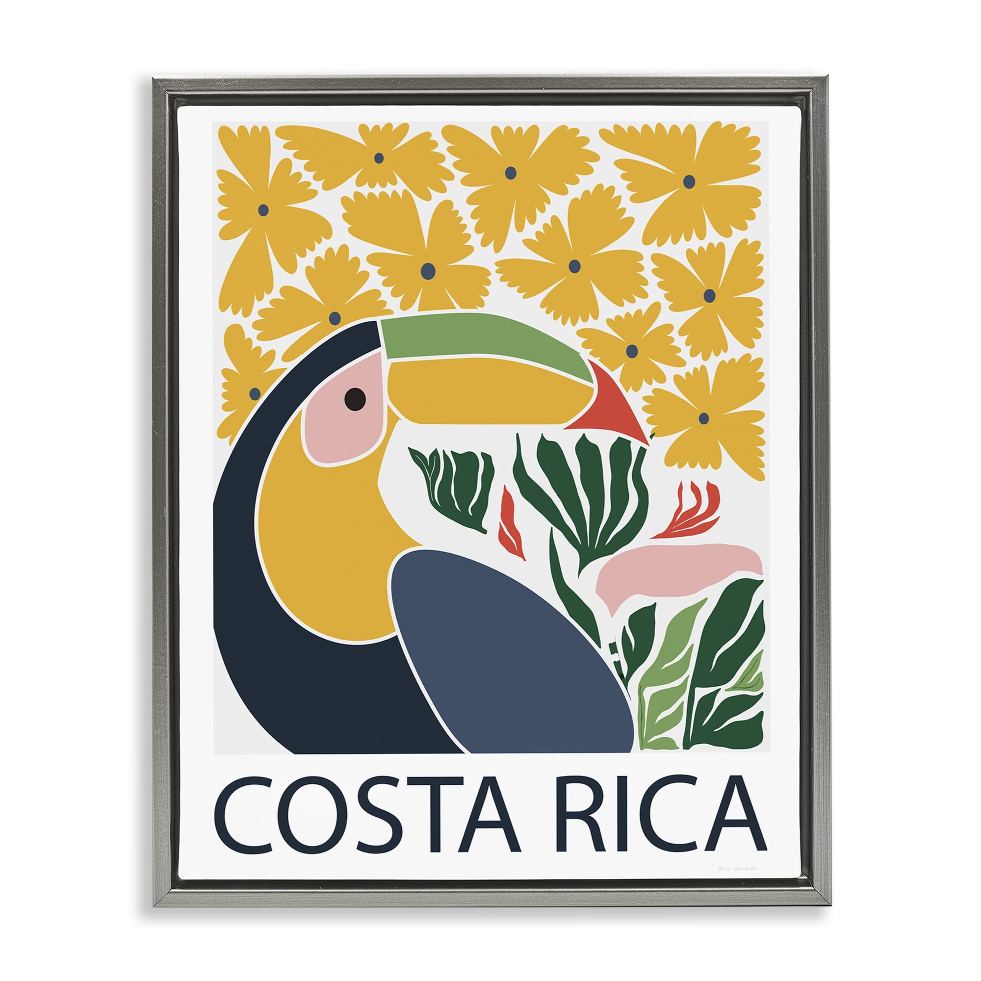 Stupell Industries Tropical Toucan & Flowers Gray Framed Floater Canvas Wall Art, design by Omar Escalante