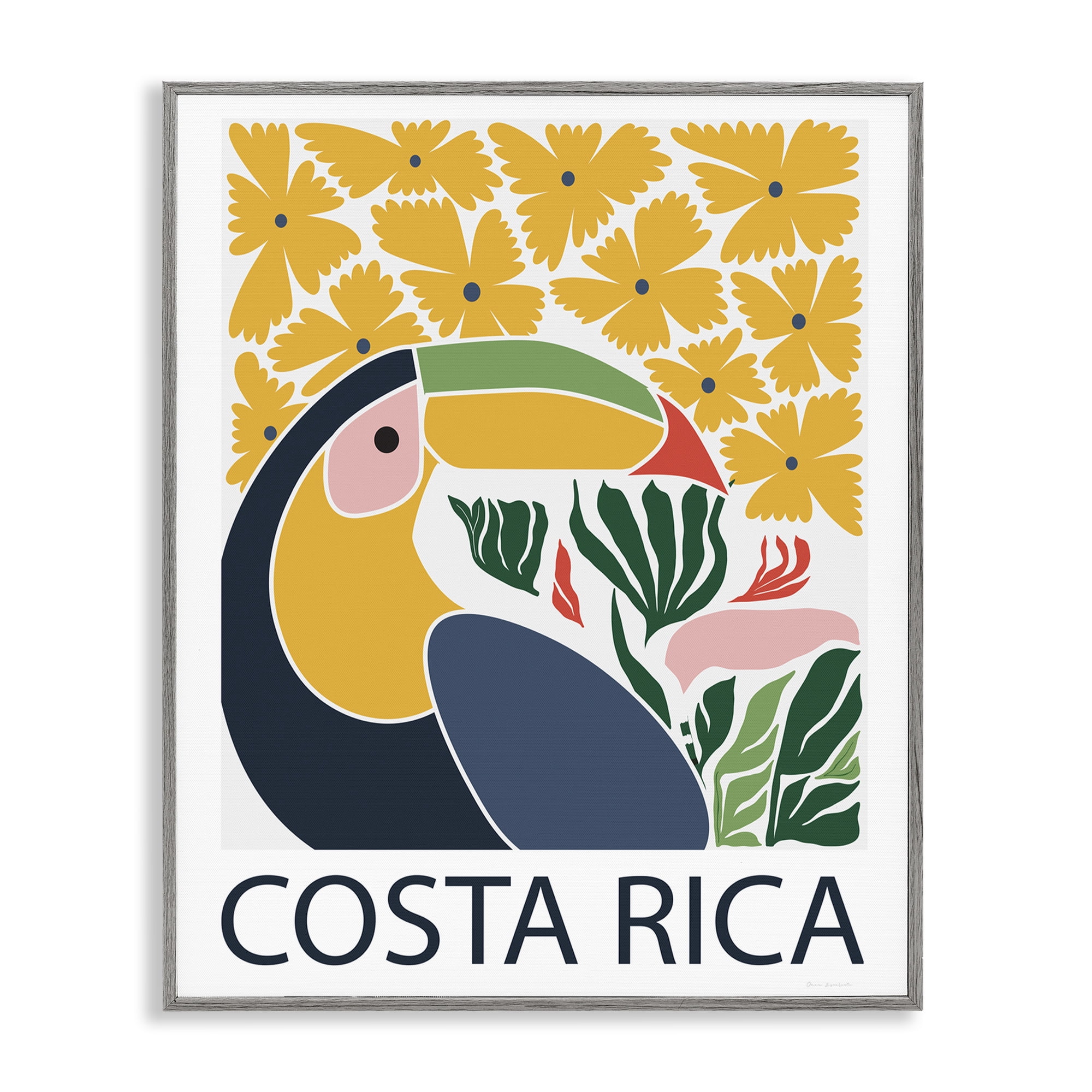 Stupell Industries Tropical Toucan & Flowers Gray Framed Giclee Art, design by Omar Escalante