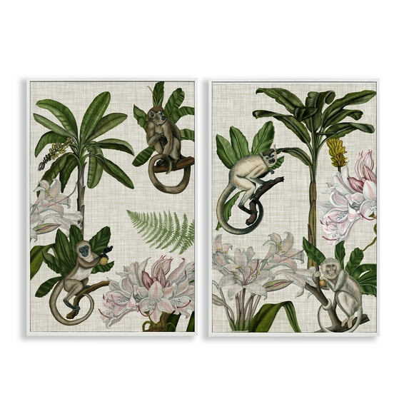 Stupell Industries Tropical Trees & Monkeys Plants & Flowers Painting White Framed Art Print Wall Art, 12 x 18, Set of 2