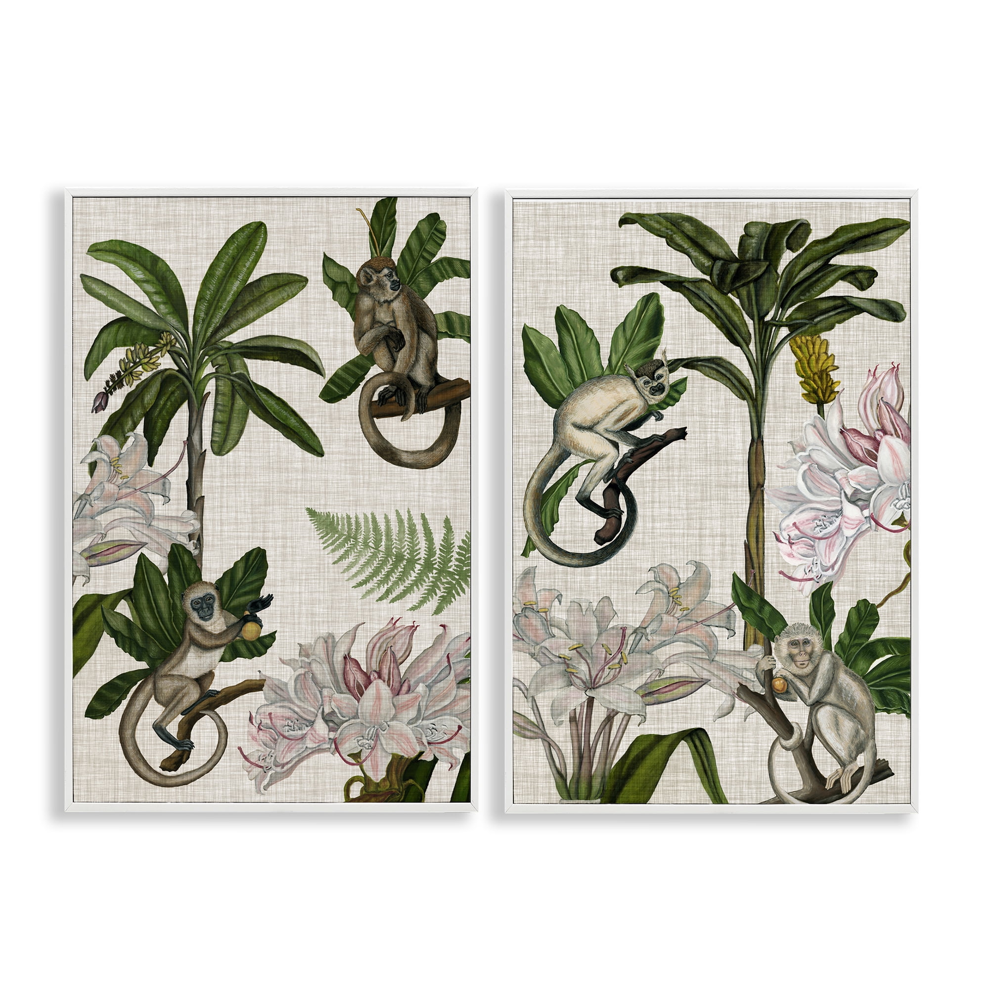 Stupell Industries Tropical Trees & Monkeys Plants & Flowers Painting White Framed Art Print Wall Art, 16 x 24, Set of 2