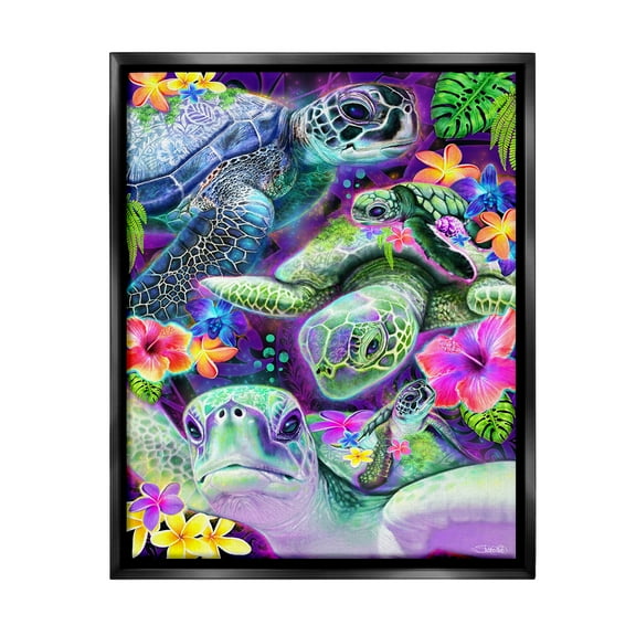 Stupell Industries Tropical Turtles & Hibiscus Animals & Insects Painting Black Floater Framed Canvas Art Print Wall Art, 17 x 21