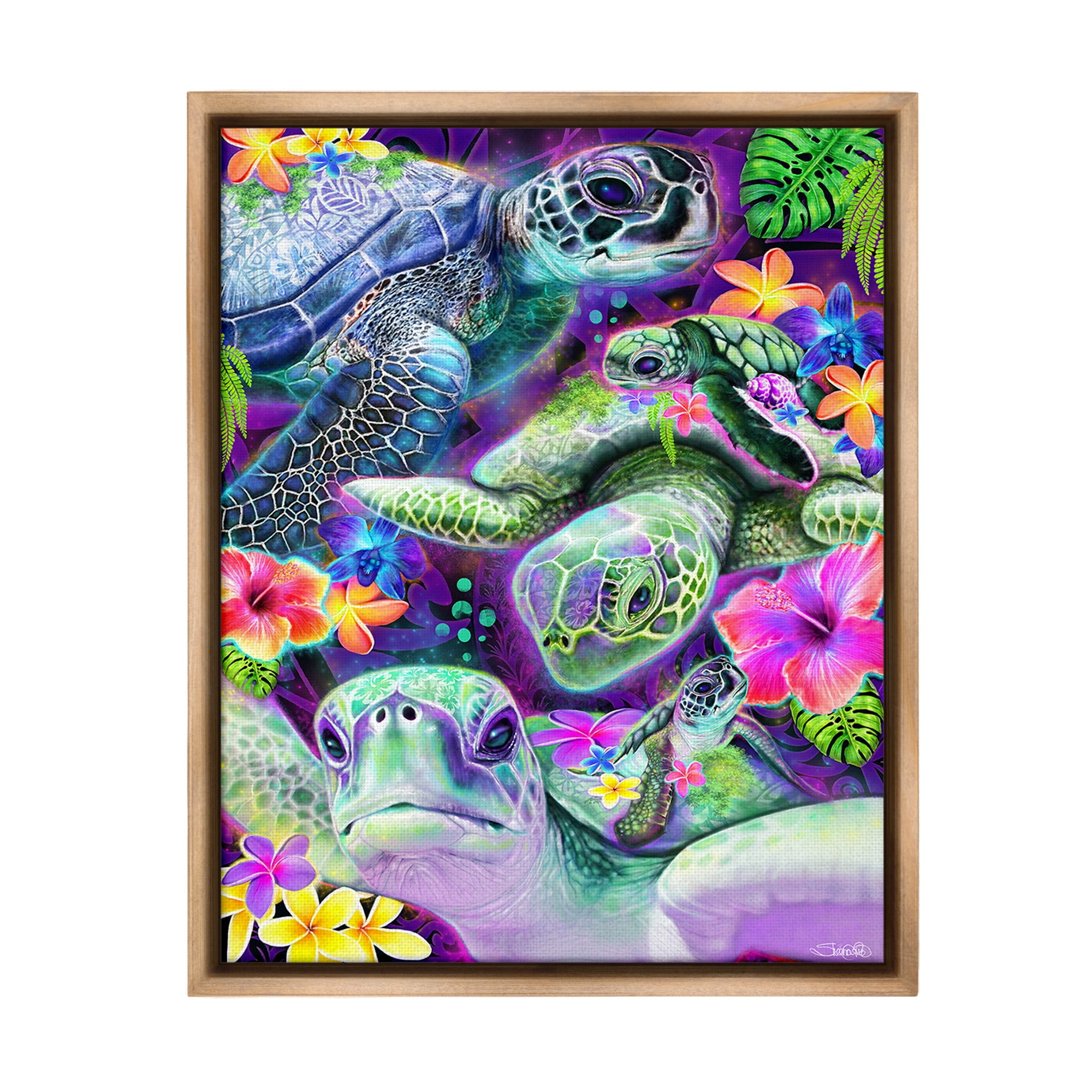 Stupell Industries Tropical Turtles & Hibiscus Animals & Insects Painting Brown Floater Framed Canvas Art Print Wall Art, 25 x 31