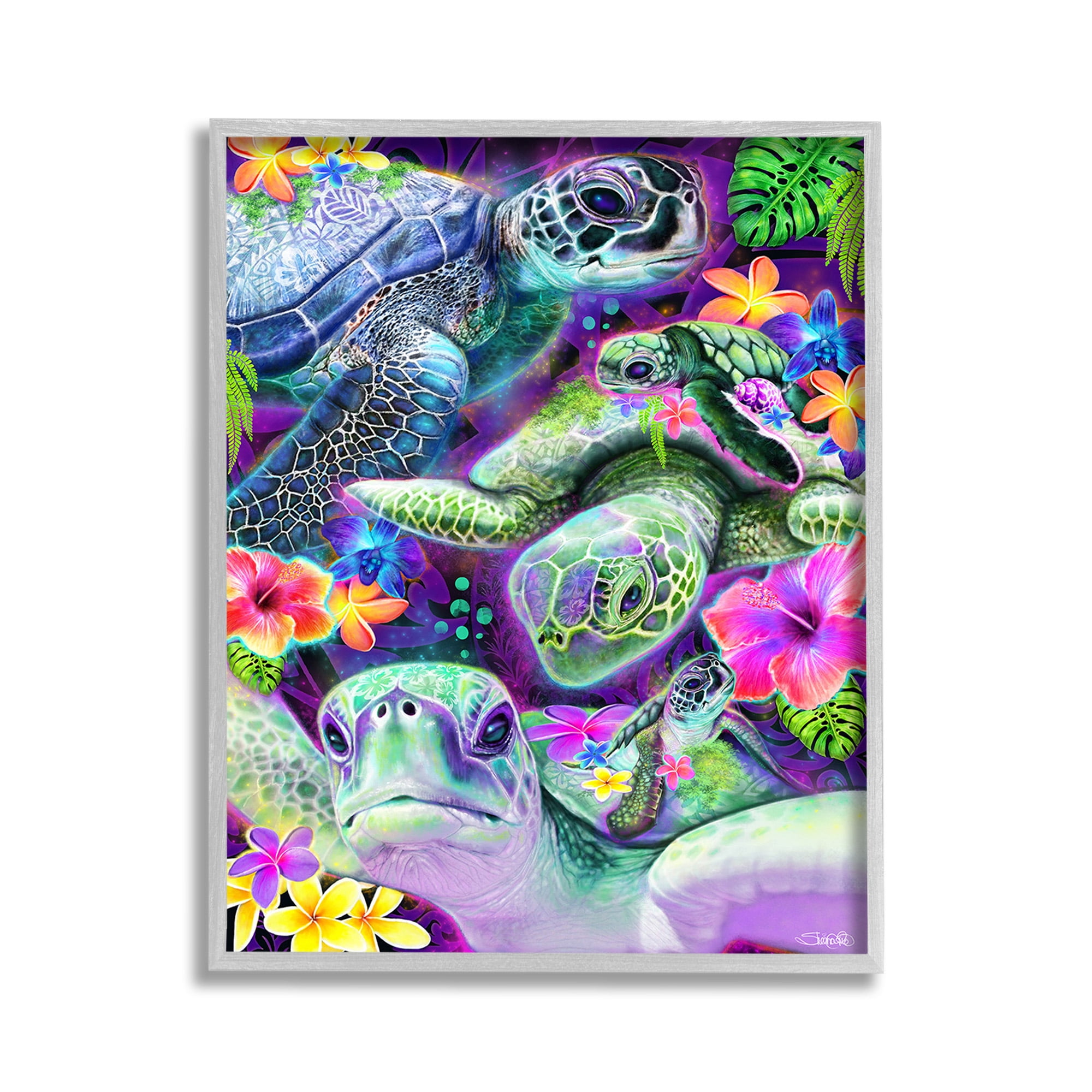 Stupell Industries Tropical Turtles & Hibiscus Animals & Insects Painting Gray Framed Art Print Wall Art, 11 x 14