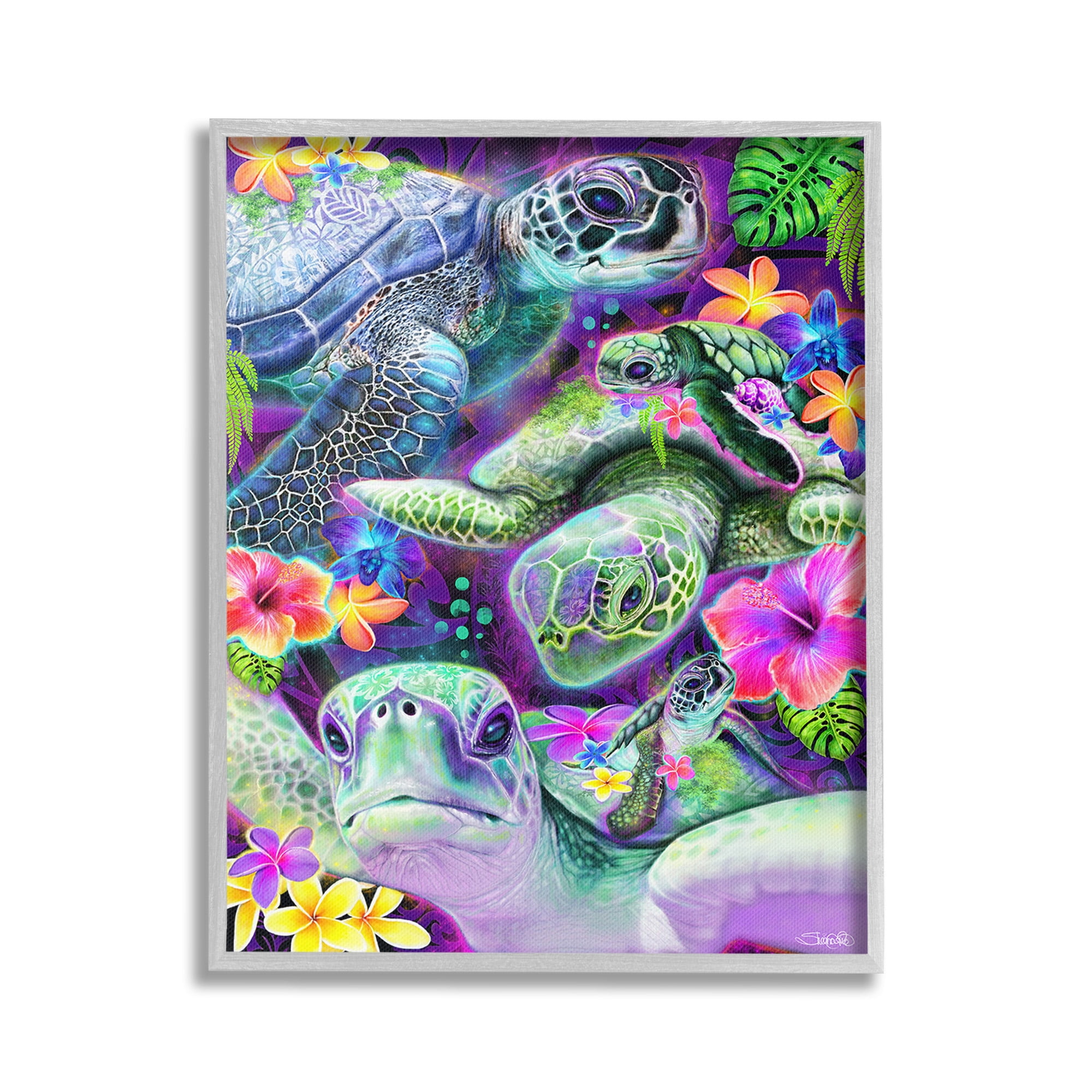 Stupell Industries Tropical Turtles & Hibiscus Animals & Insects Painting Gray Framed Art Print Wall Art, 24 x 30