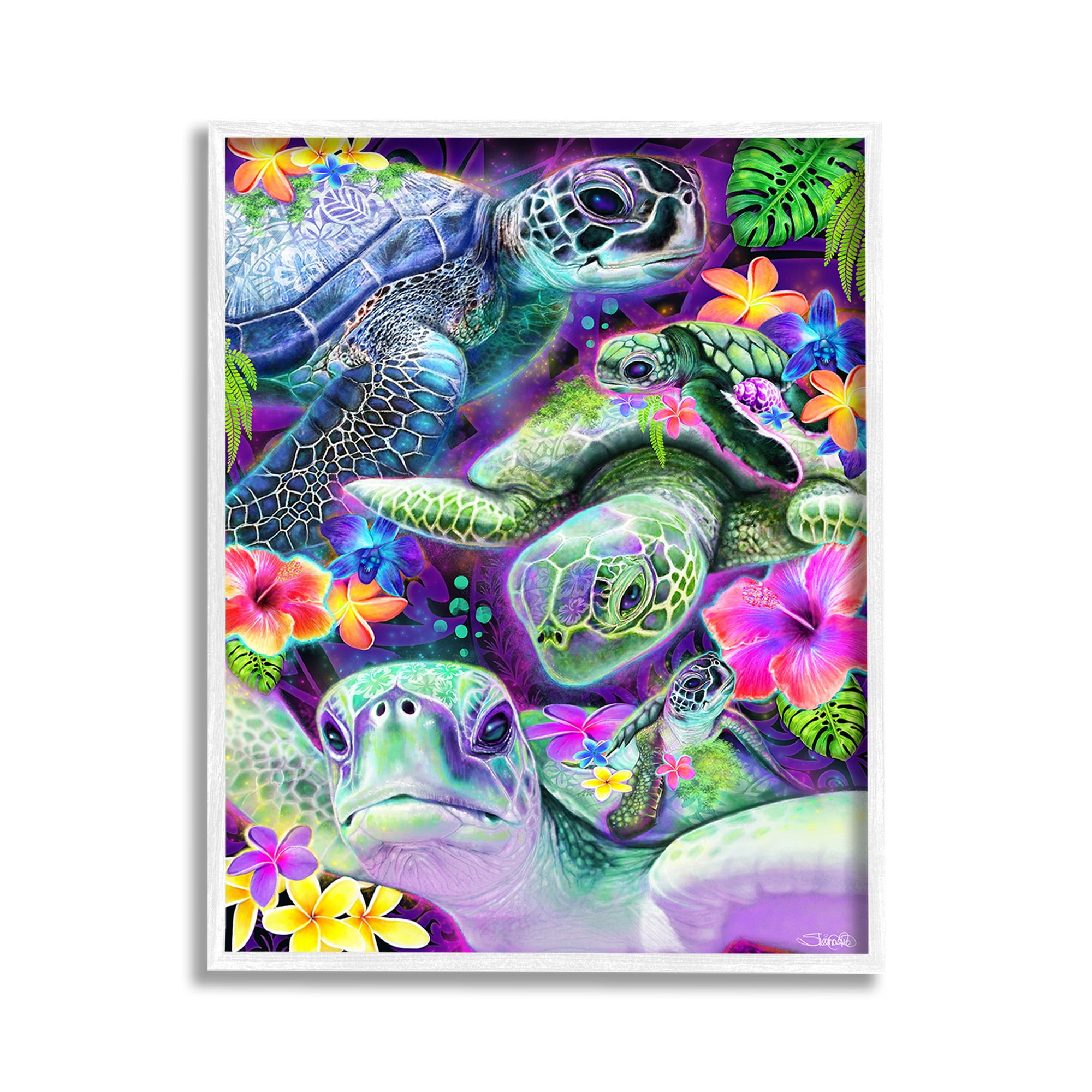 Stupell Industries Tropical Turtles & Hibiscus Animals & Insects Painting White Framed Art Print Wall Art, 11 x 14