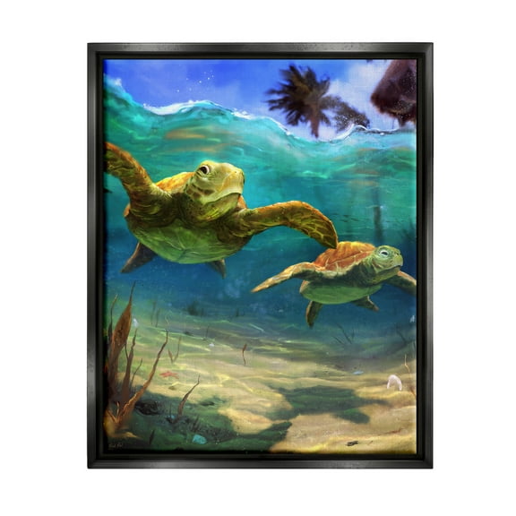 Stupell Industries Tropical Underwater Turtles Animals & Insects Painting Black Floater Framed Canvas Art Print Wall Art, 17 x 21