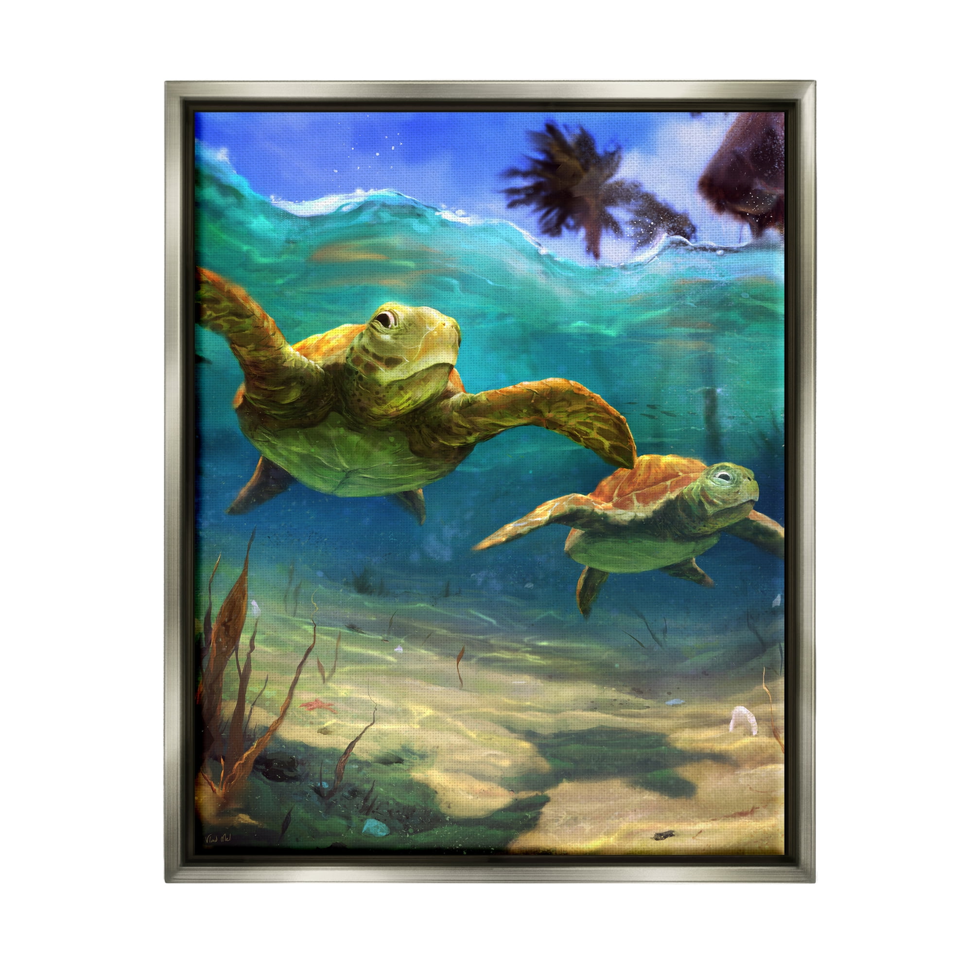 Stupell Industries Tropical Underwater Turtles Animals & Insects Painting Gray Floater Framed Canvas Art Print Wall Art, 25 x 31