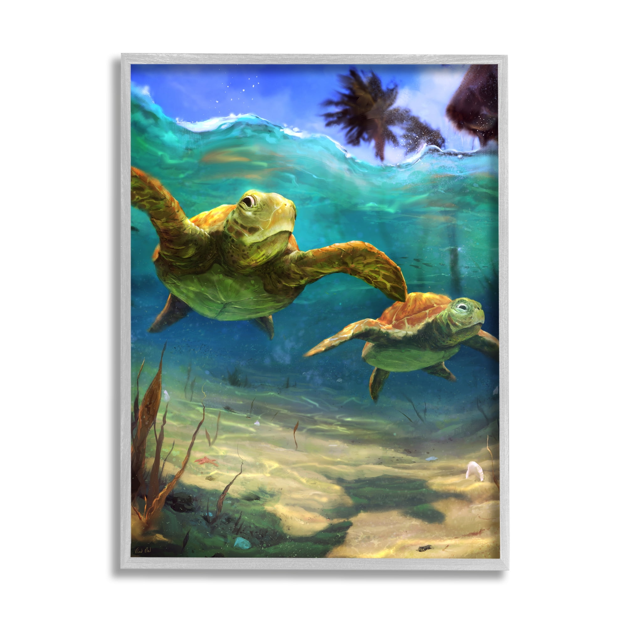 Stupell Industries Tropical Underwater Turtles Animals & Insects Painting Gray Framed Art Print Wall Art, 11 x 14