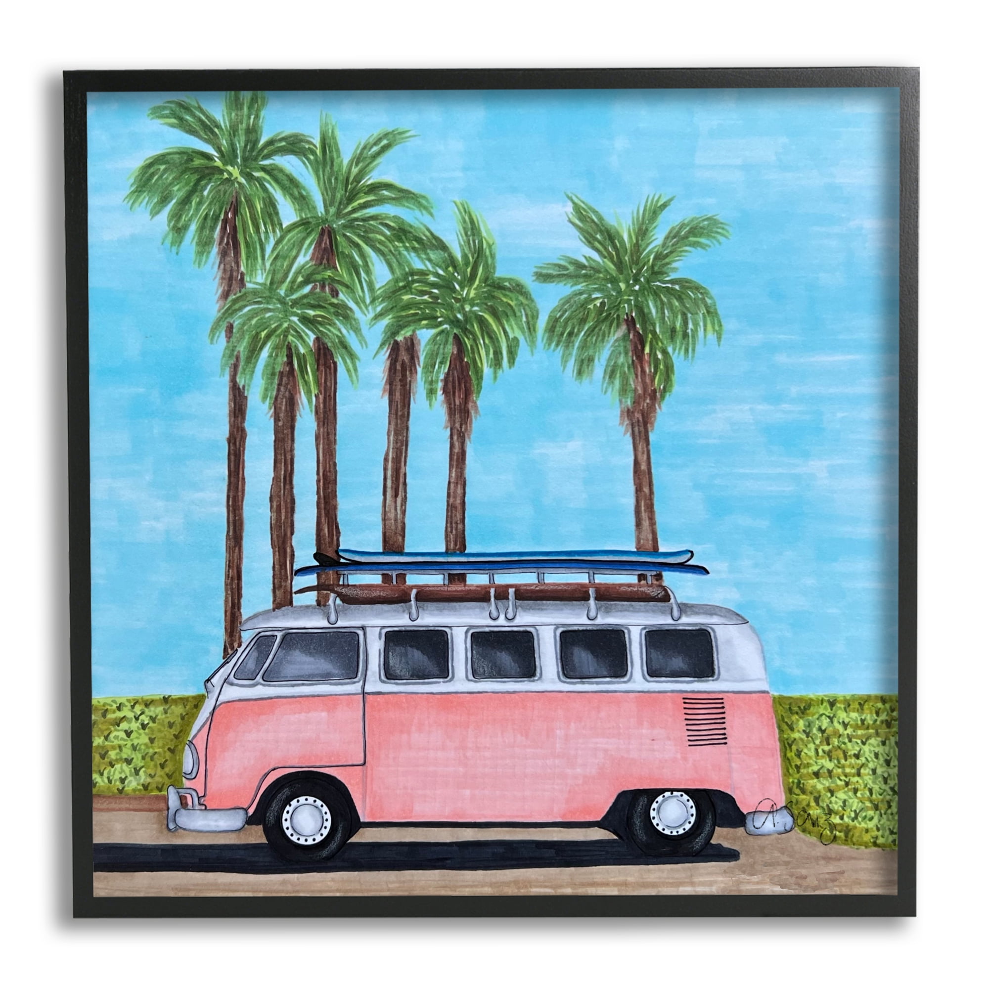 Stupell Industries Tropical Vacation Minibus Transportation Painting Black Framed Art Print Wall Art, 24 x 24