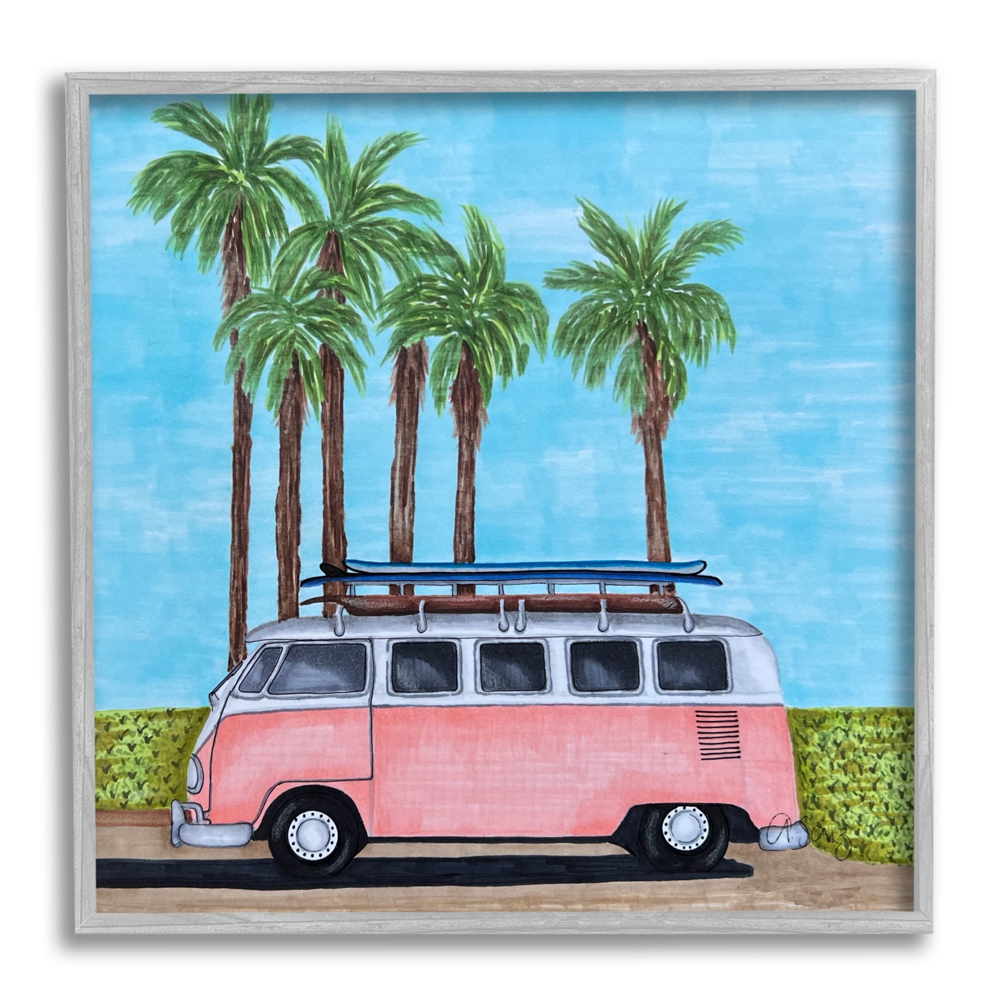 Stupell Industries Tropical Vacation Minibus Transportation Painting Gray Framed Art Print Wall Art, 12 x 12