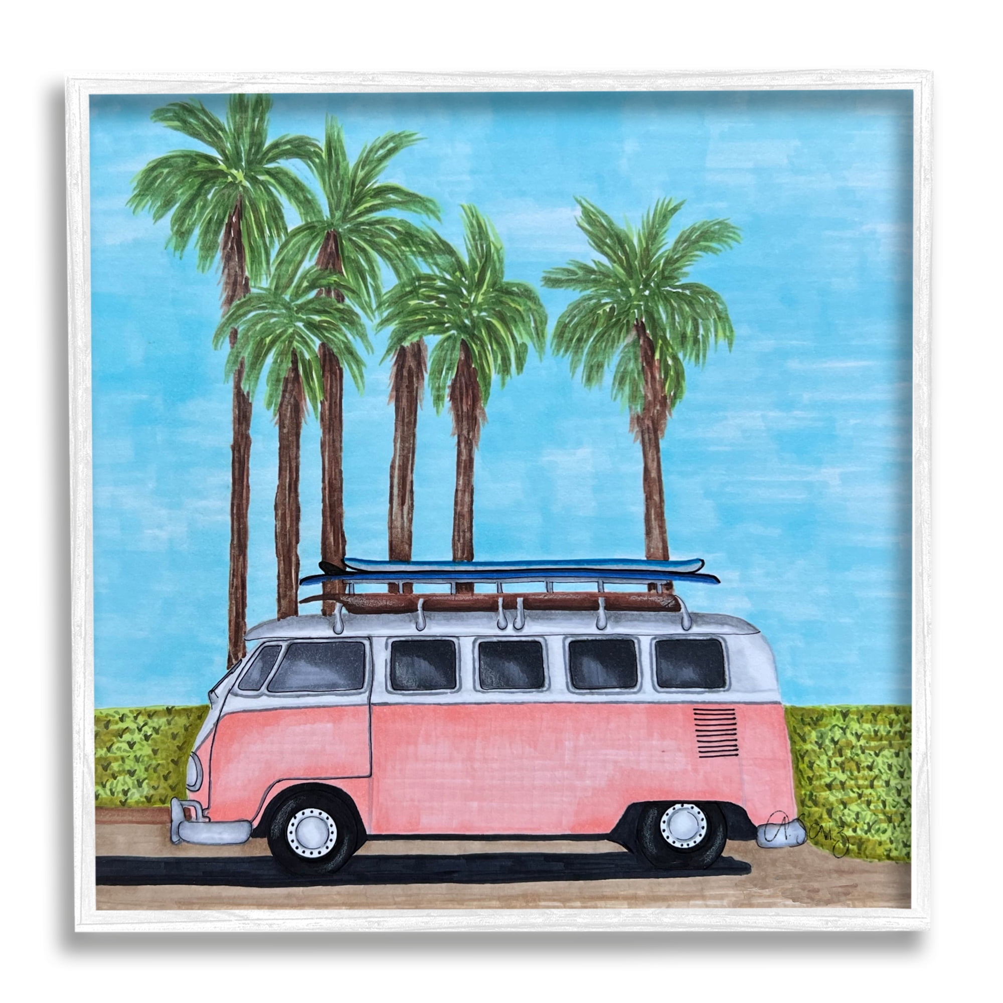 Stupell Industries Tropical Vacation Minibus Transportation Painting White Framed Art Print Wall Art, 17 x 17