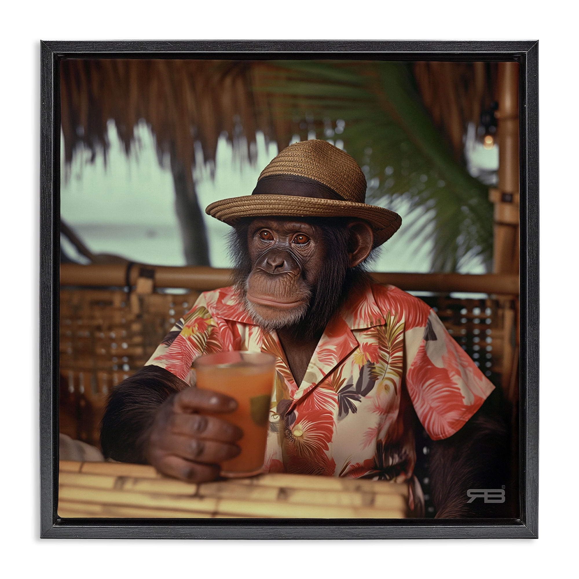 Stupell Industries Tropical Vacation Monkey Novelty Painting Black Floater Framed Canvas Art Print Wall Art, 18 x 18