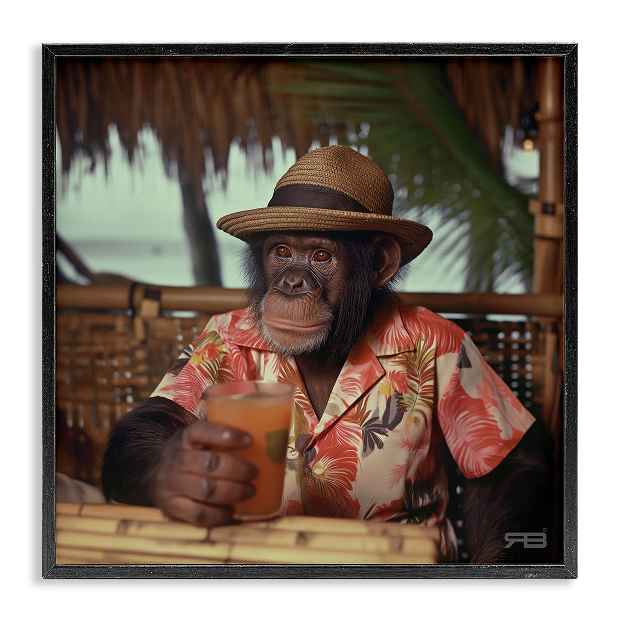 Stupell Industries Tropical Vacation Monkey Novelty Painting Black Framed Art Print Wall Art, 17 x 17