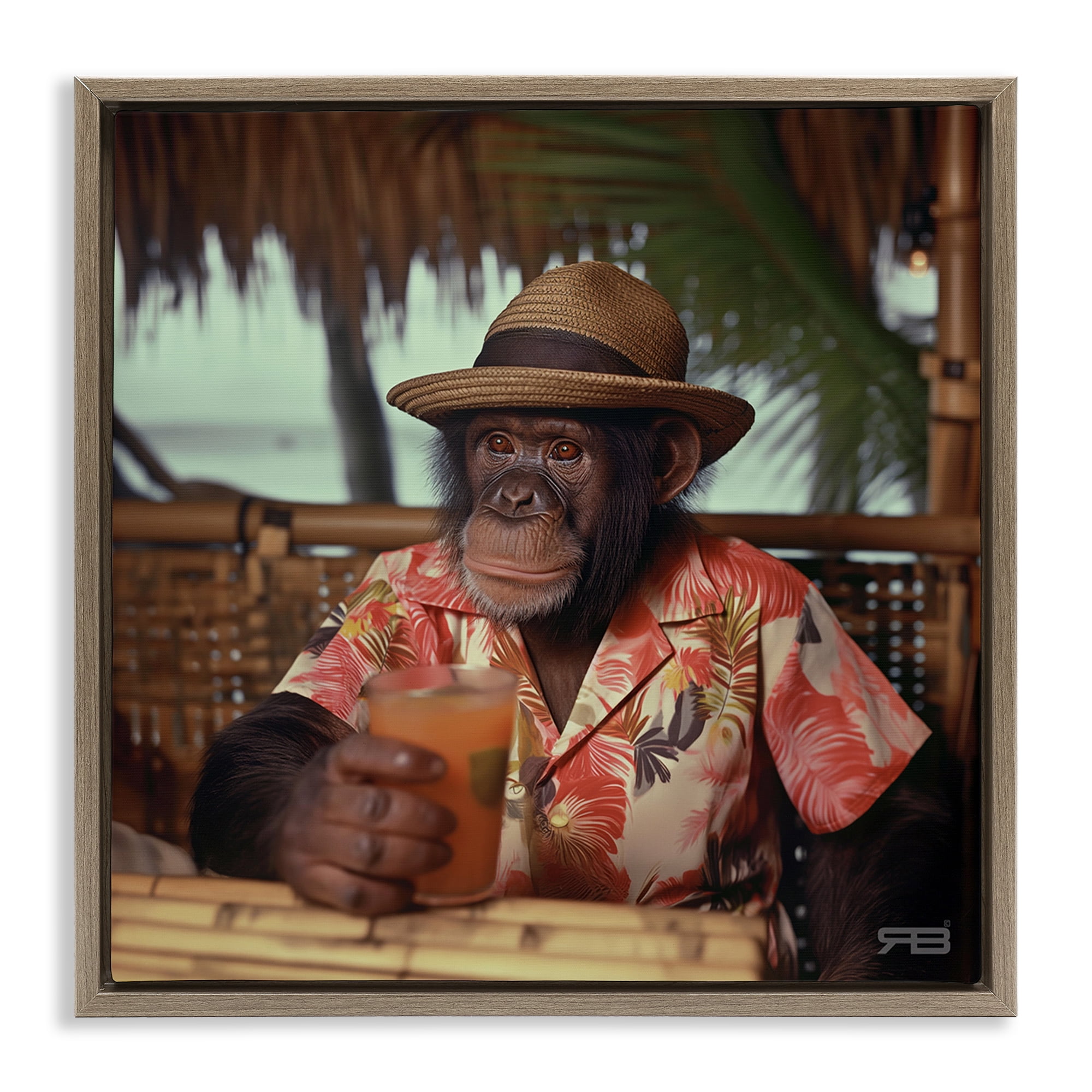 Stupell Industries Tropical Vacation Monkey Novelty Painting Brown Floater Framed Canvas Art Print Wall Art, 25 x 25