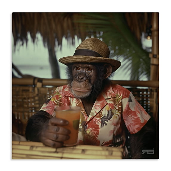 Stupell Industries Tropical Vacation Monkey Novelty Painting Gallery Wrapped Canvas Art Print Wall Art, 24 x 24