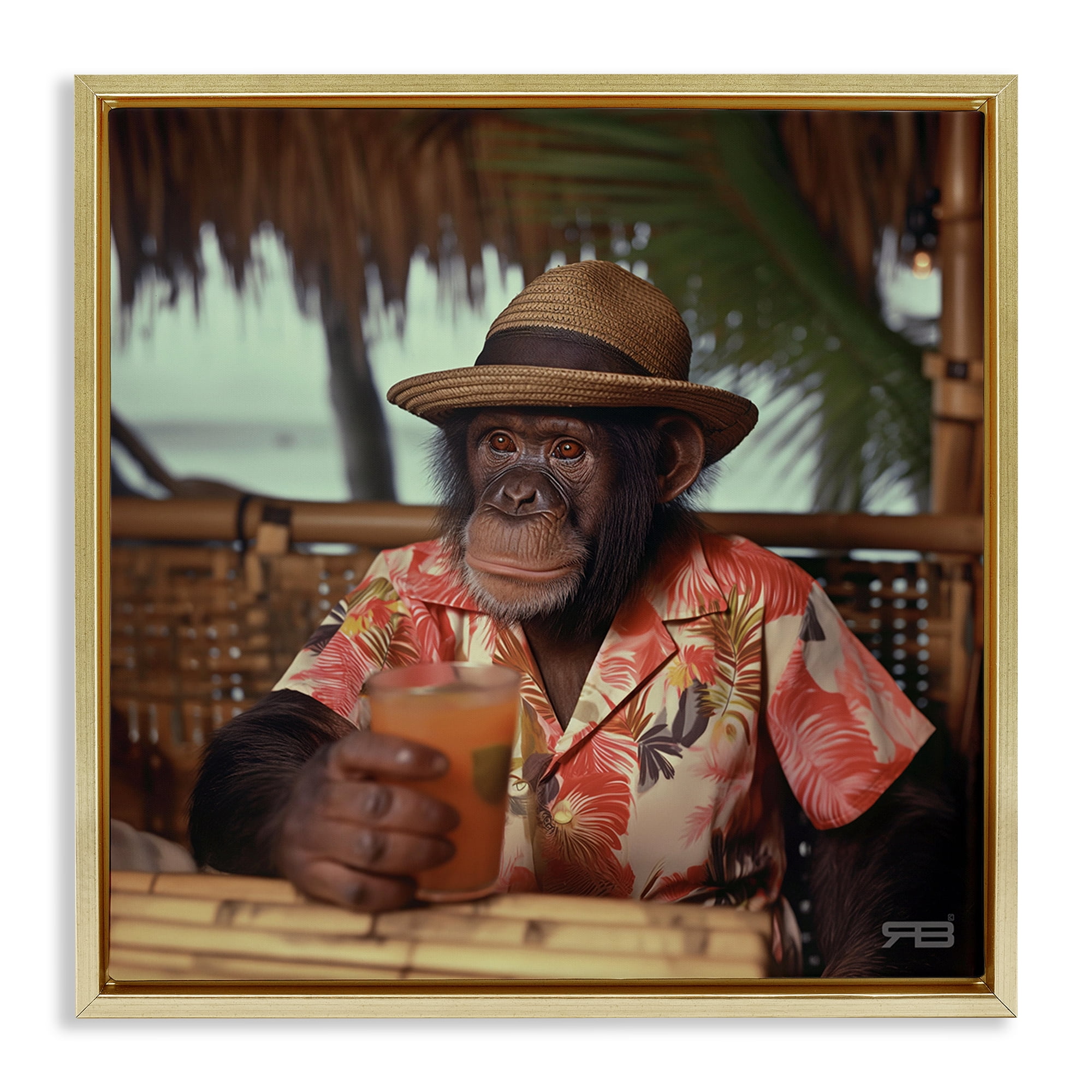 Stupell Industries Tropical Vacation Monkey Novelty Painting Gold Floater Framed Canvas Art Print Wall Art, 18 x 18