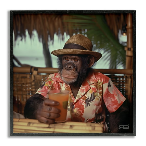 Stupell Industries Tropical Vacation Monkey Novelty Painting Gray Framed Art Print Wall Art, 17 x 17