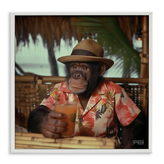 Stupell Industries Tropical Vacation Monkey Novelty Painting White Framed Art Print Wall Art, 12 x 12