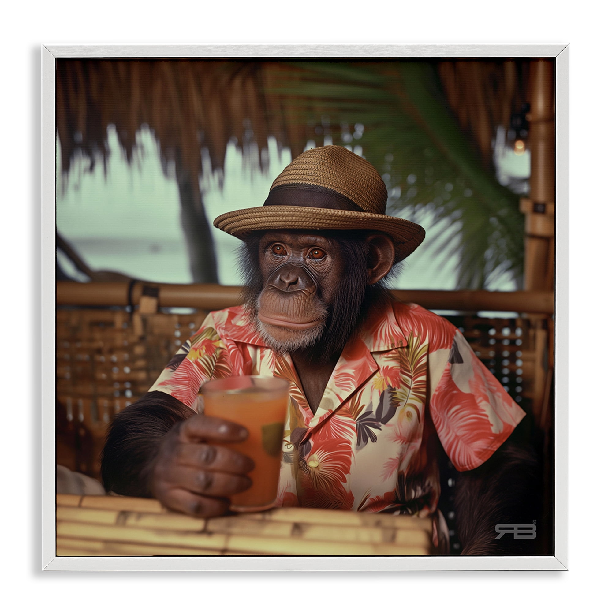 Stupell Industries Tropical Vacation Monkey Novelty Painting White Framed Art Print Wall Art, 24 x 24