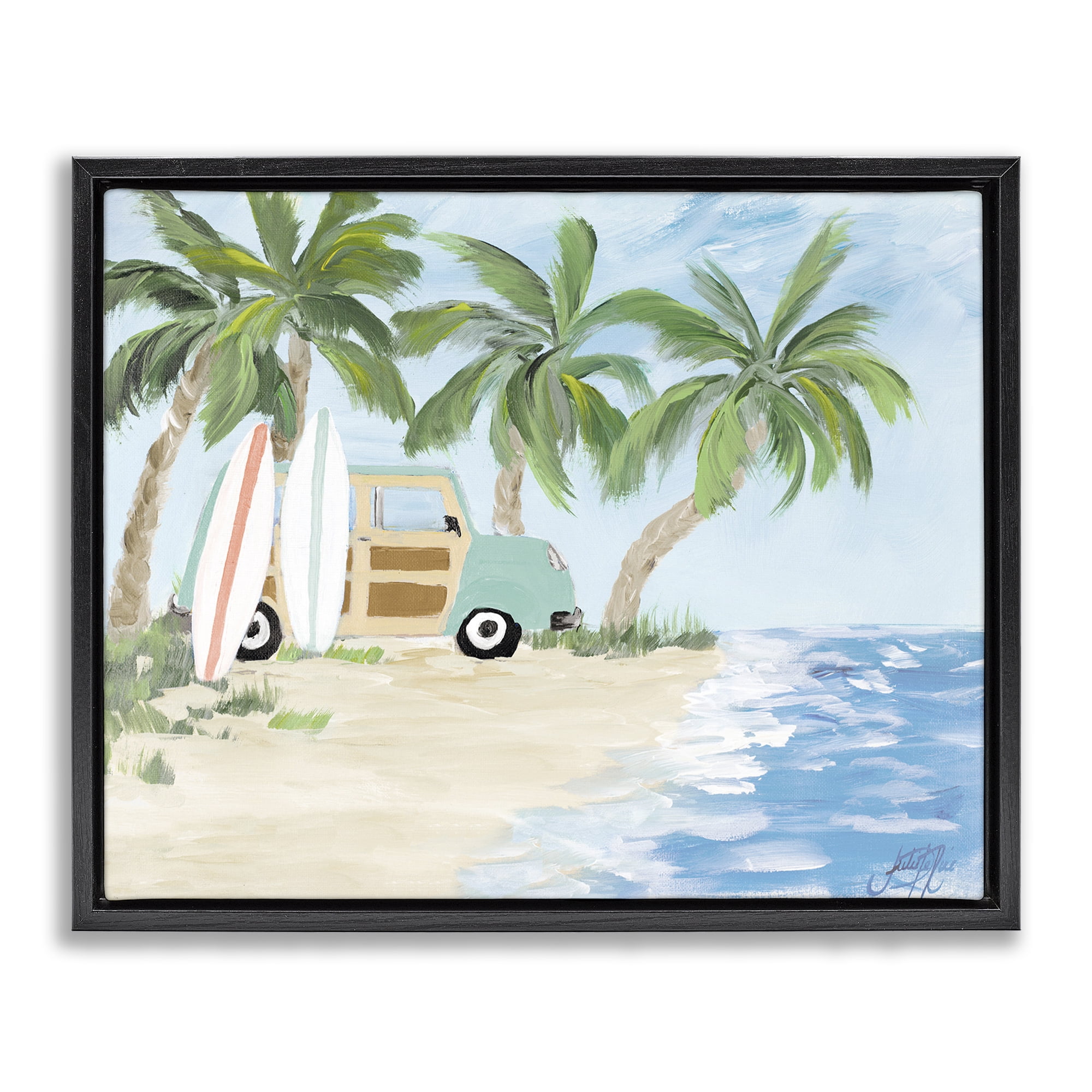 Stupell Industries Tropical Vacation Surfboards Landscape Painting Black Floater Framed Canvas Art Print Wall Art, 31 x 25