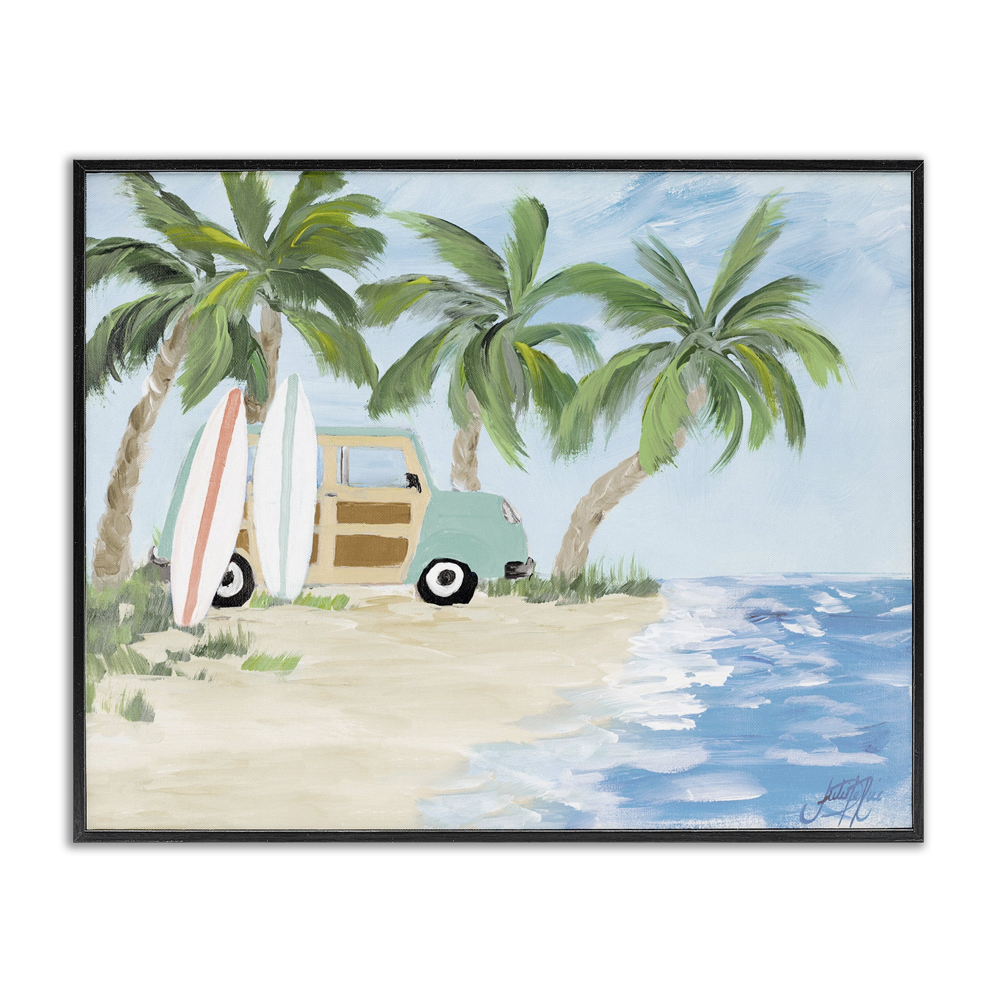 Stupell Industries Tropical Vacation Surfboards Landscape Painting Black Framed Art Print Wall Art, 30 x 24