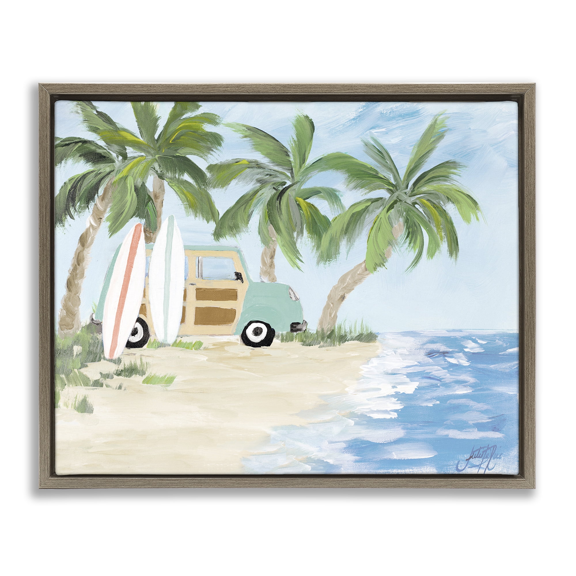 Stupell Industries Tropical Vacation Surfboards Landscape Painting Brown Floater Framed Canvas Art Print Wall Art, 31 x 25