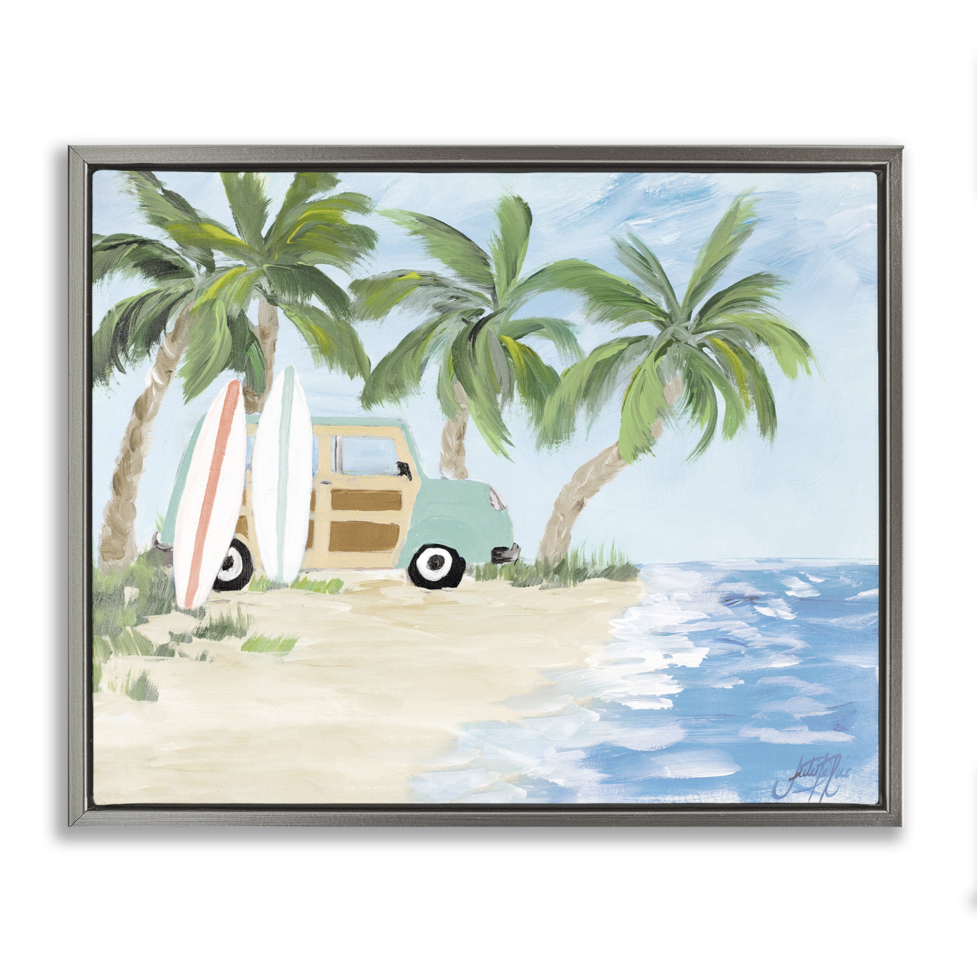 Stupell Industries Tropical Vacation Surfboards Landscape Painting Gray Floater Framed Canvas Art Print Wall Art, 21 x 17