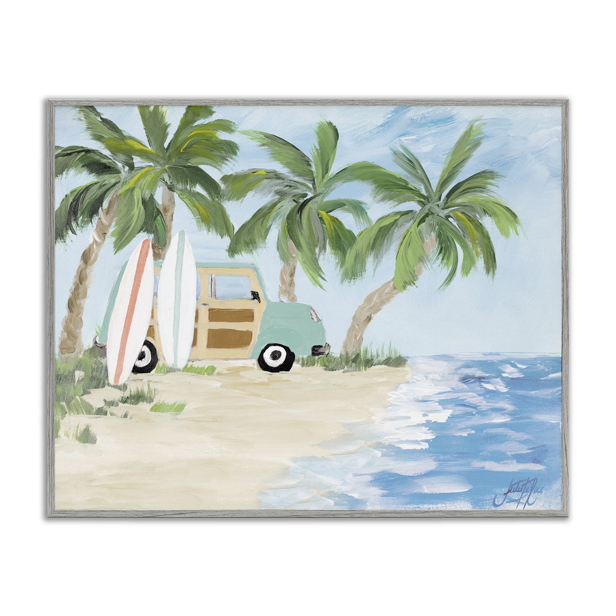 Stupell Industries Tropical Vacation Surfboards Landscape Painting Gray Framed Art Print Wall Art, 30 x 24
