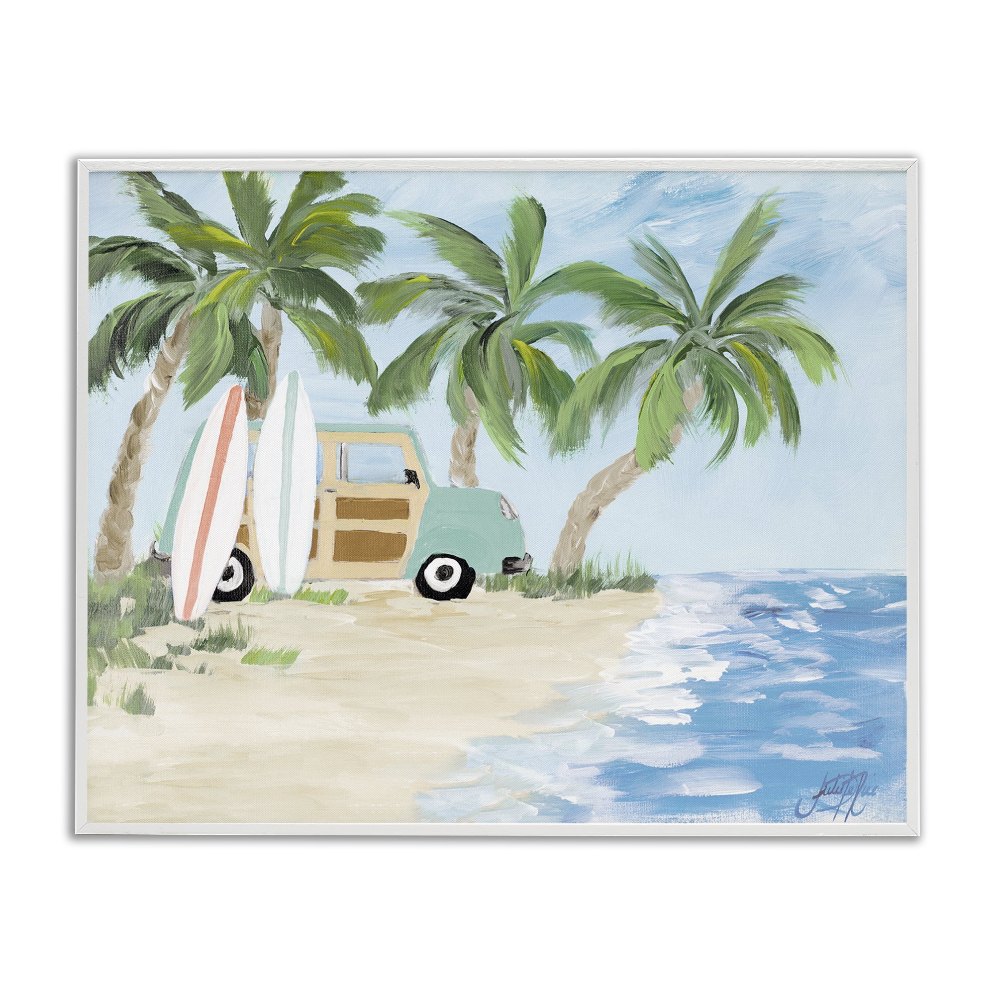Stupell Industries Tropical Vacation Surfboards Landscape Painting White Framed Art Print Wall Art, 14 x 11