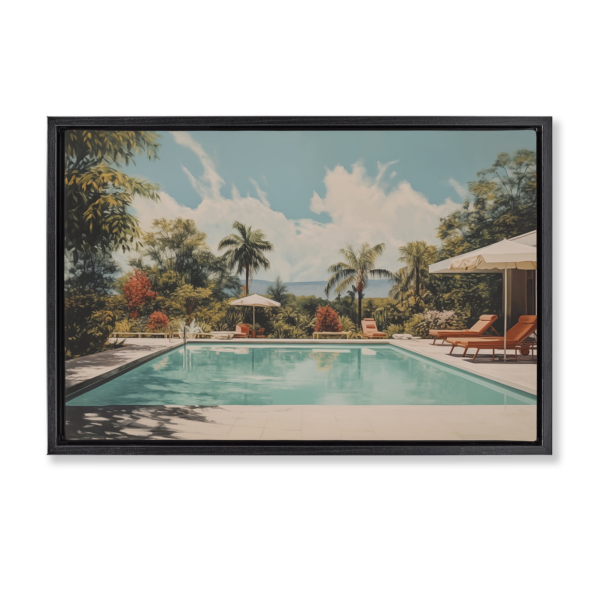 Stupell Industries Tropical Villa Swimming Pool Landscape & Nature Painting Black Floater Framed Canvas Art Print Wall Art, 25 x 17
