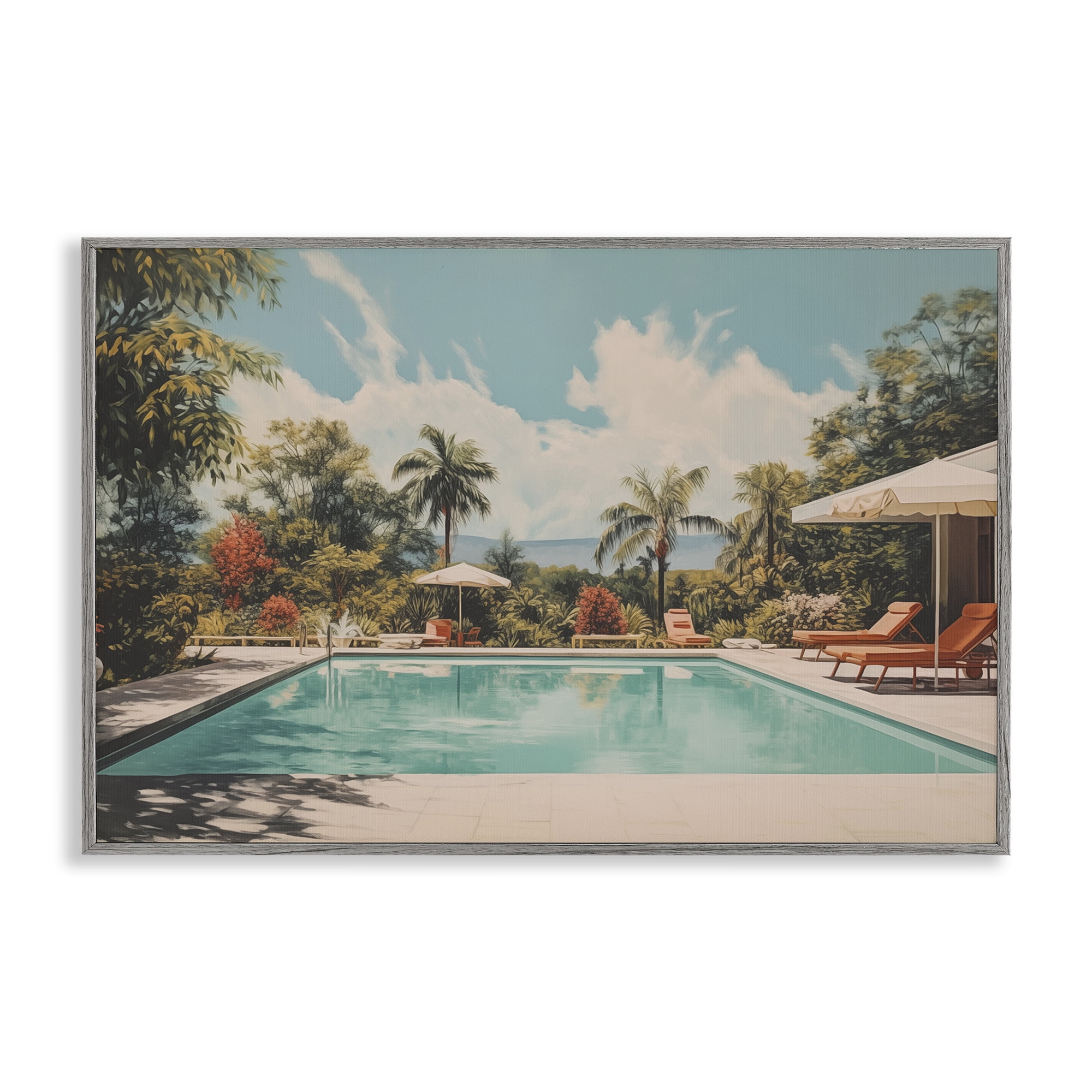 Stupell Industries Tropical Villa Swimming Pool Landscape & Nature Painting Gray Framed Art Print Wall Art, 30 x 20