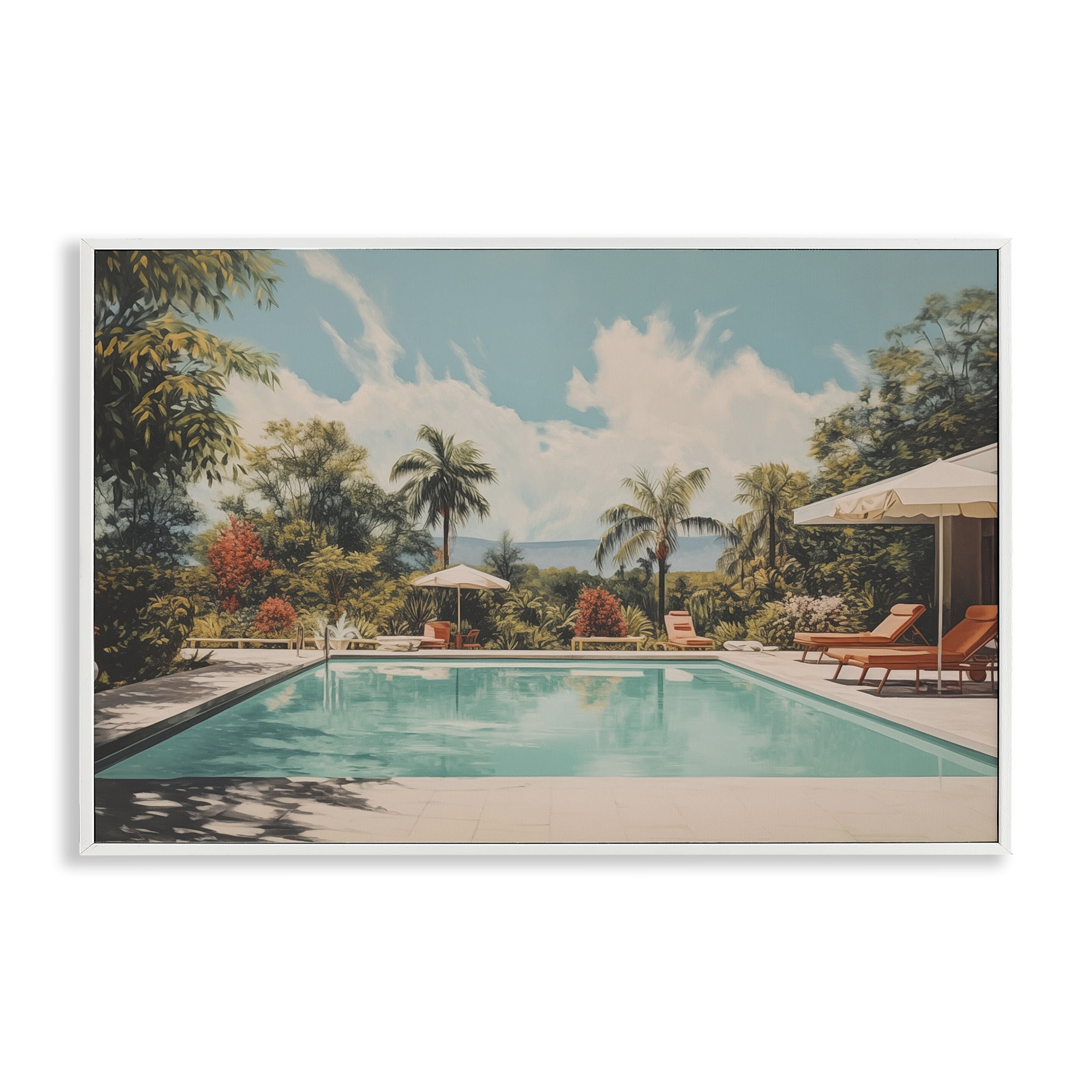 Stupell Industries Tropical Villa Swimming Pool Landscape & Nature Painting White Framed Art Print Wall Art, 24 x 16