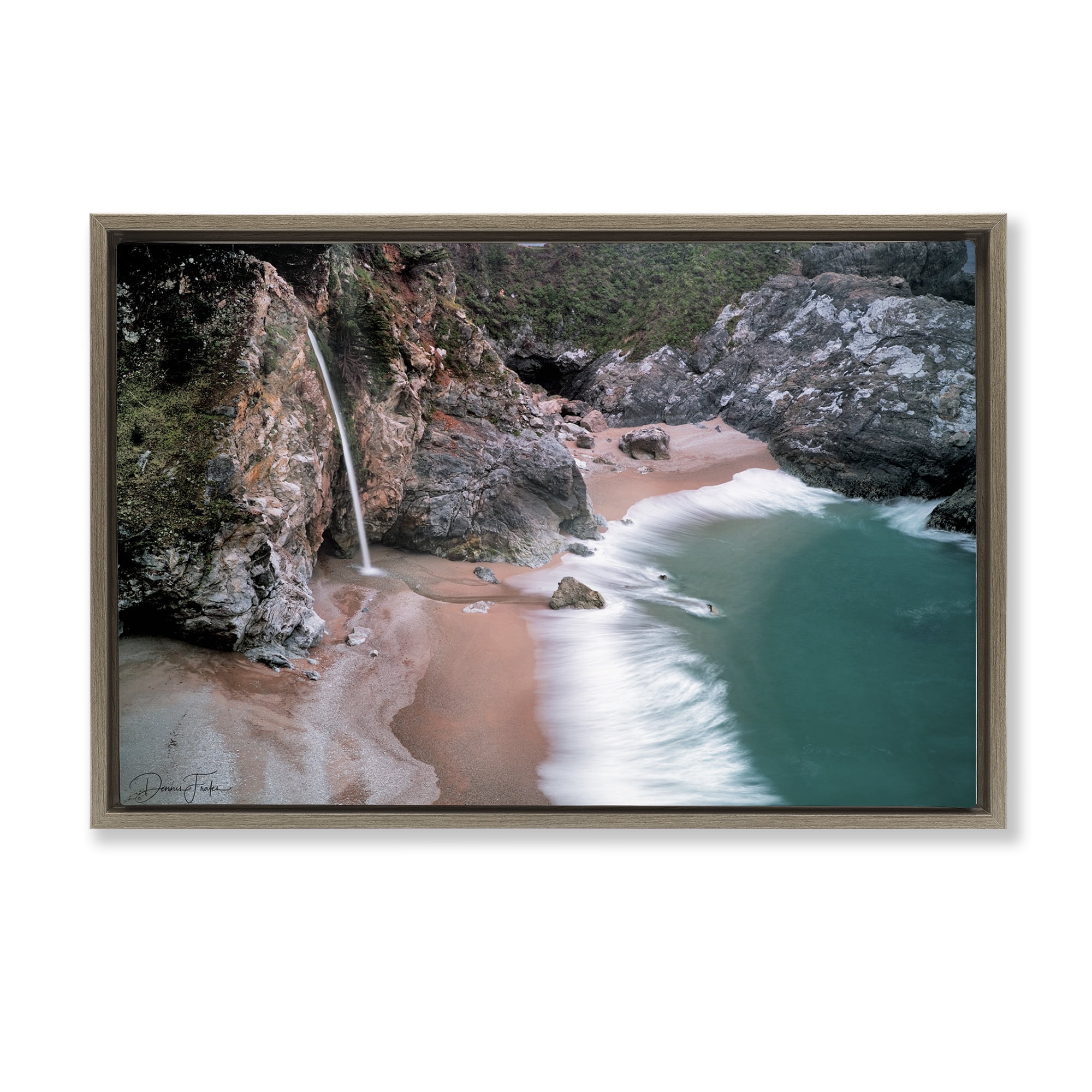 Stupell Industries Tropical Waterfall Cliffs Coastal Painting Brown Floater Framed Canvas Art Print Wall Art, 31 x 21