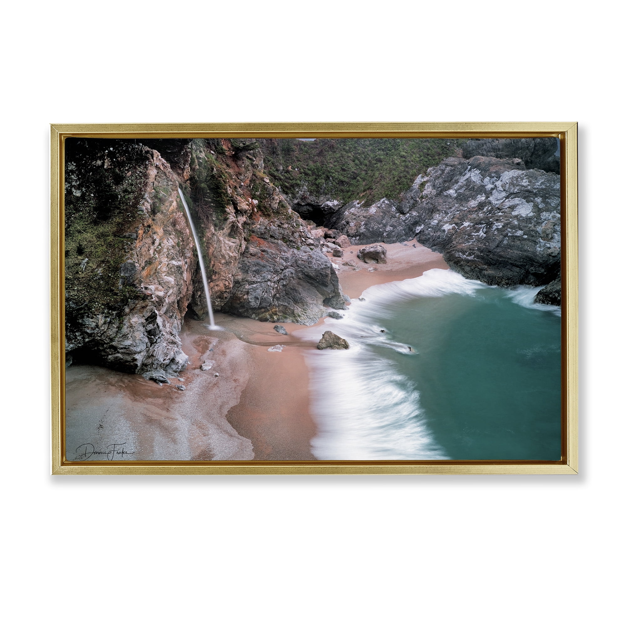 Stupell Industries Tropical Waterfall Cliffs Coastal Painting Gold Floater Framed Canvas Art Print Wall Art, 25 x 17