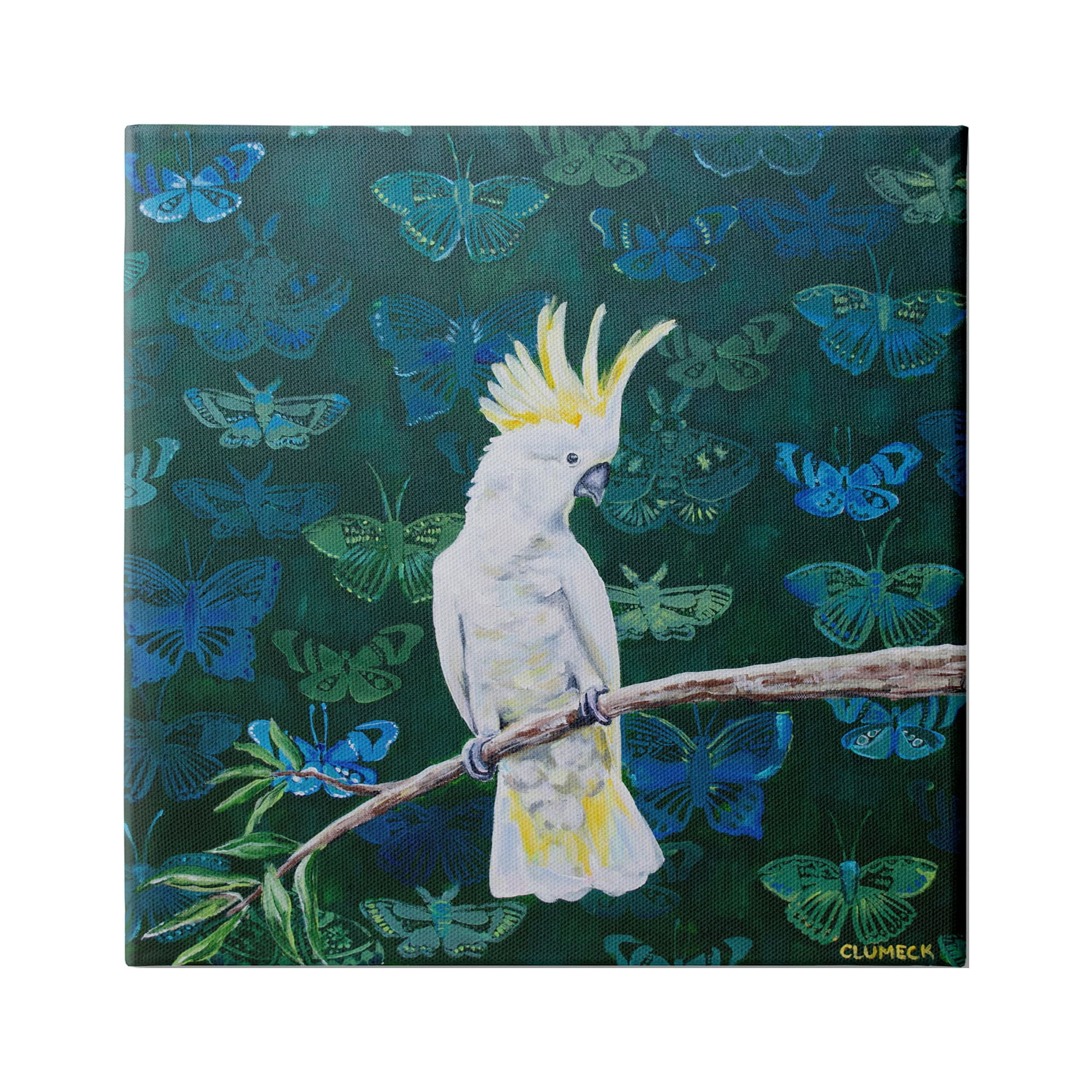 Stupell Industries Tropical White Yellow Parrot Perched Butterfly Print Pattern, 17 x 17, Design by Alana Clumeck