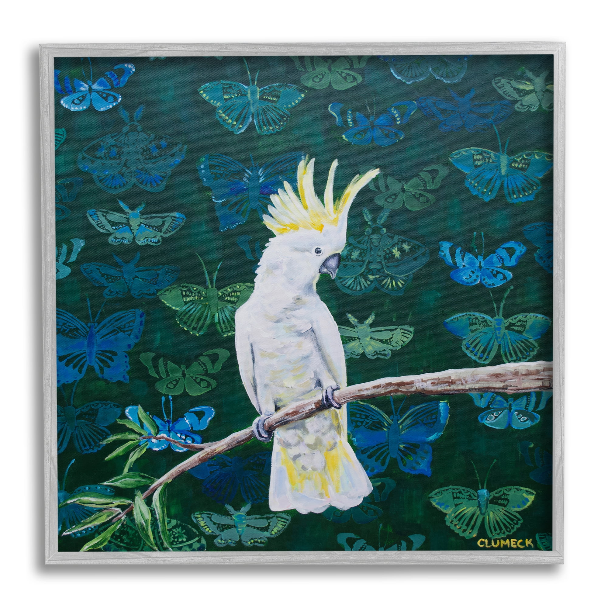 Stupell Industries Tropical White Yellow Parrot Perched Butterfly Print Pattern, 17 x 17, Design by Alana Clumeck