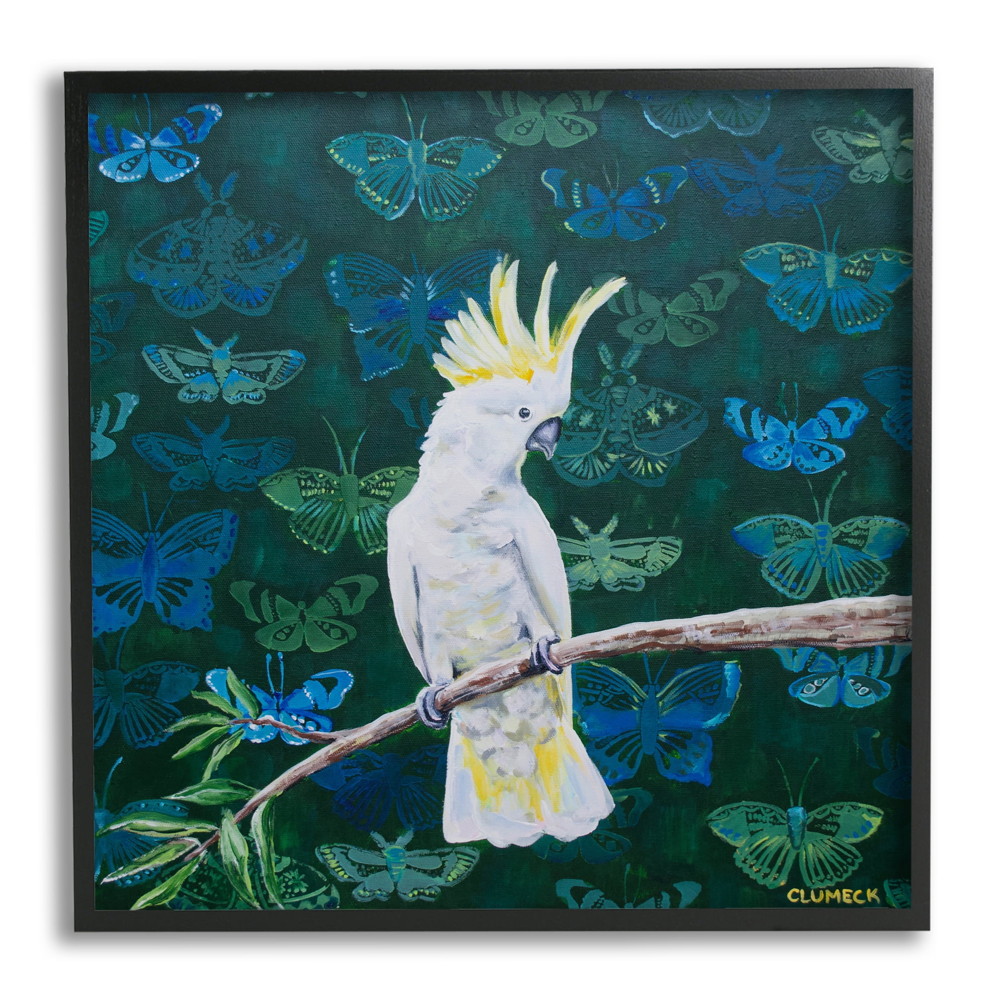 Stupell Industries Tropical White Yellow Parrot Perched Butterfly Print Pattern, 17 x 30, Design by Alana Clumeck