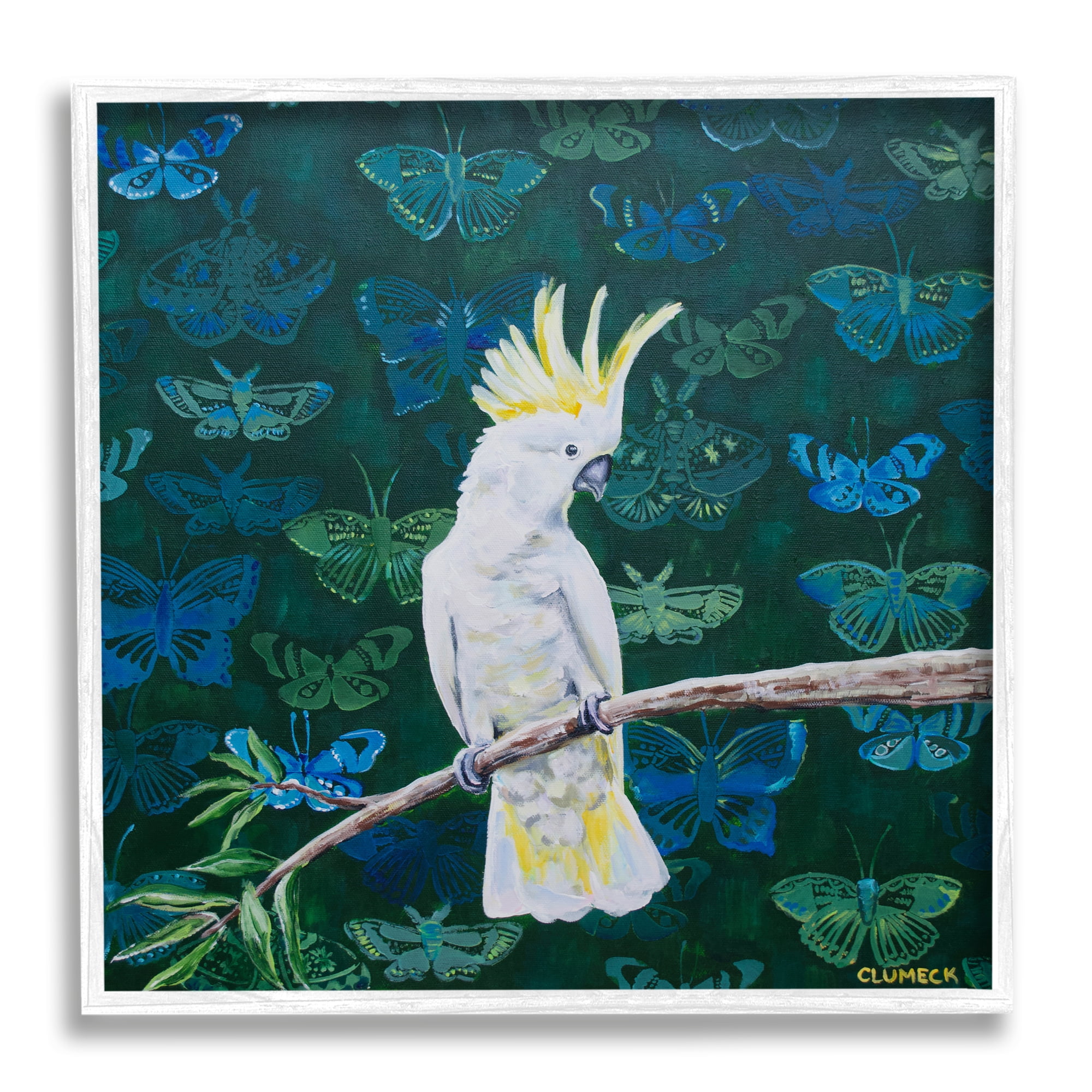Stupell Industries Tropical White Yellow Parrot Perched Butterfly Print Pattern, 24 x 24, Design by Alana Clumeck