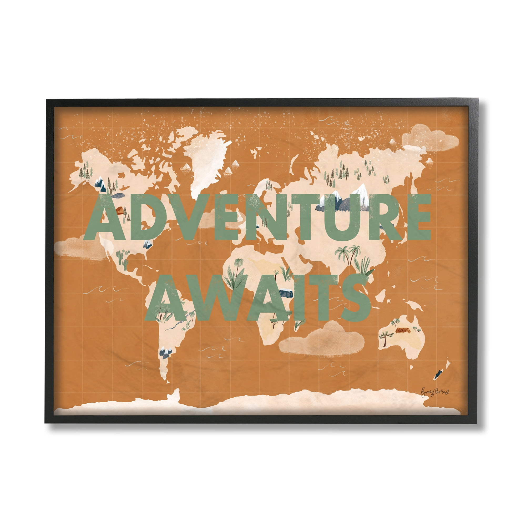 Stupell Industries Tropical World Map Adventure Awaits Sentiments Black Framed by Becky Thorns