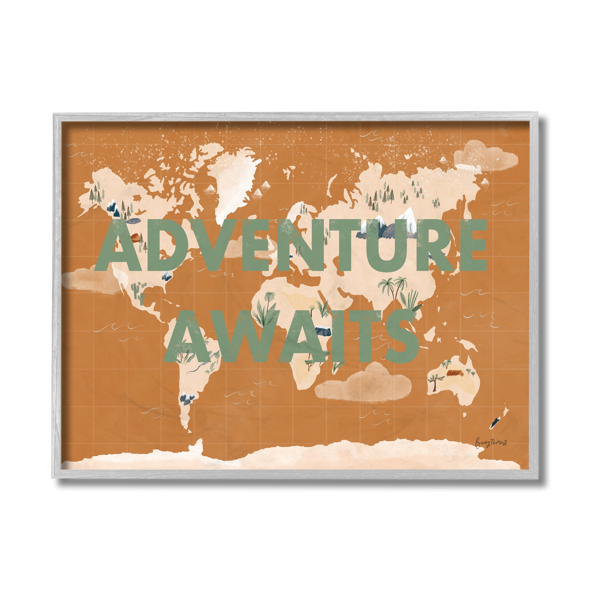 Stupell Industries Tropical World Map Adventure Awaits Sentiments Gray Framed by Becky Thorns