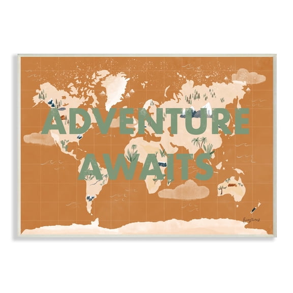 Stupell Industries Tropical World Map Adventure Awaits Sentiments Wall Plaque by Becky Thorns