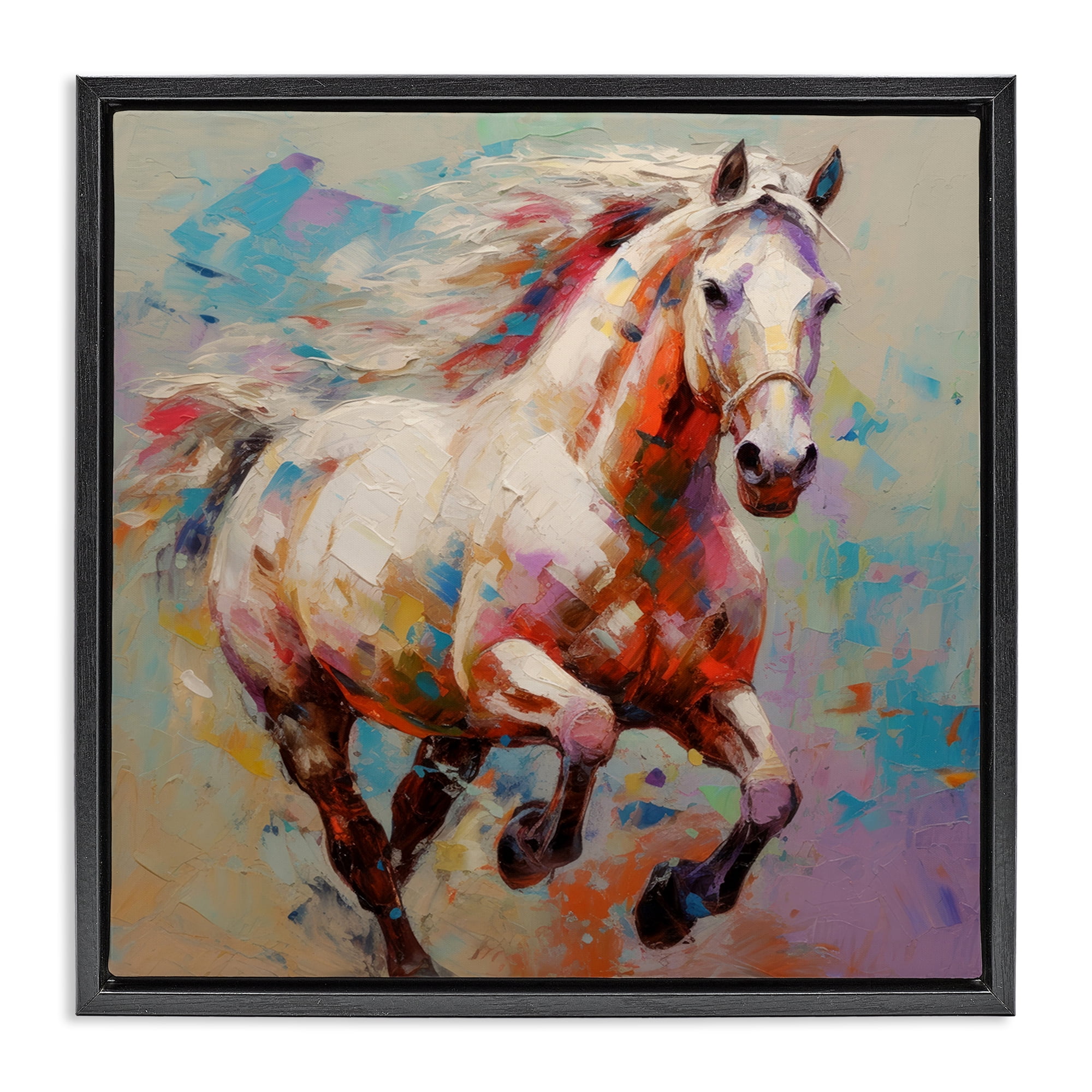 Stupell Industries Trotting Horse Abstraction Animals & Insects Painting Black Floater Framed Canvas Art Print Wall Art, 25 x 25