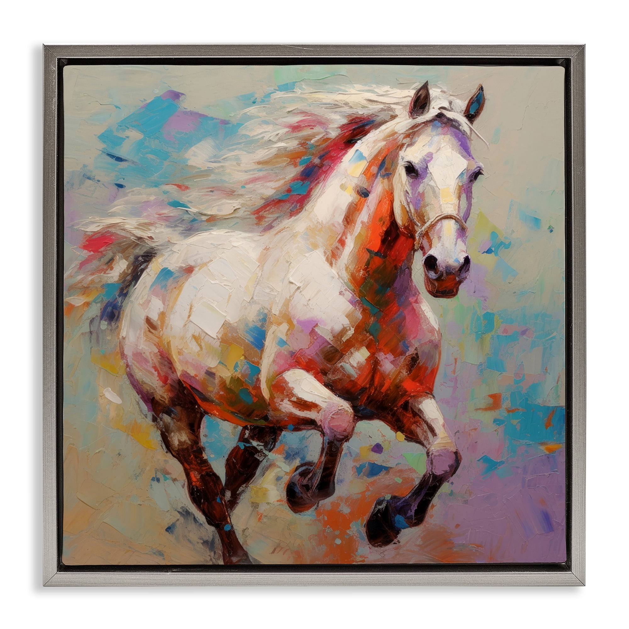 Stupell Industries Trotting Horse Abstraction Animals & Insects Painting Gray Floater Framed Canvas Art Print Wall Art, 25 x 25