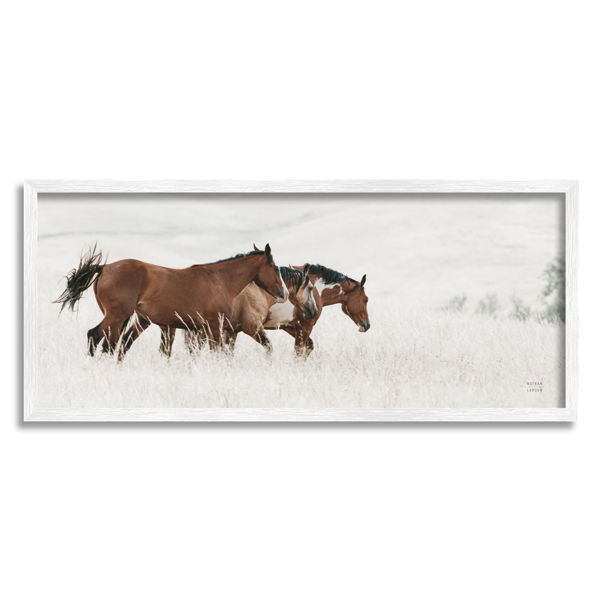 Stupell Industries Trotting Horses Landscape Animals & Insects Photography White Framed Art Print Wall Art, 24 x 10